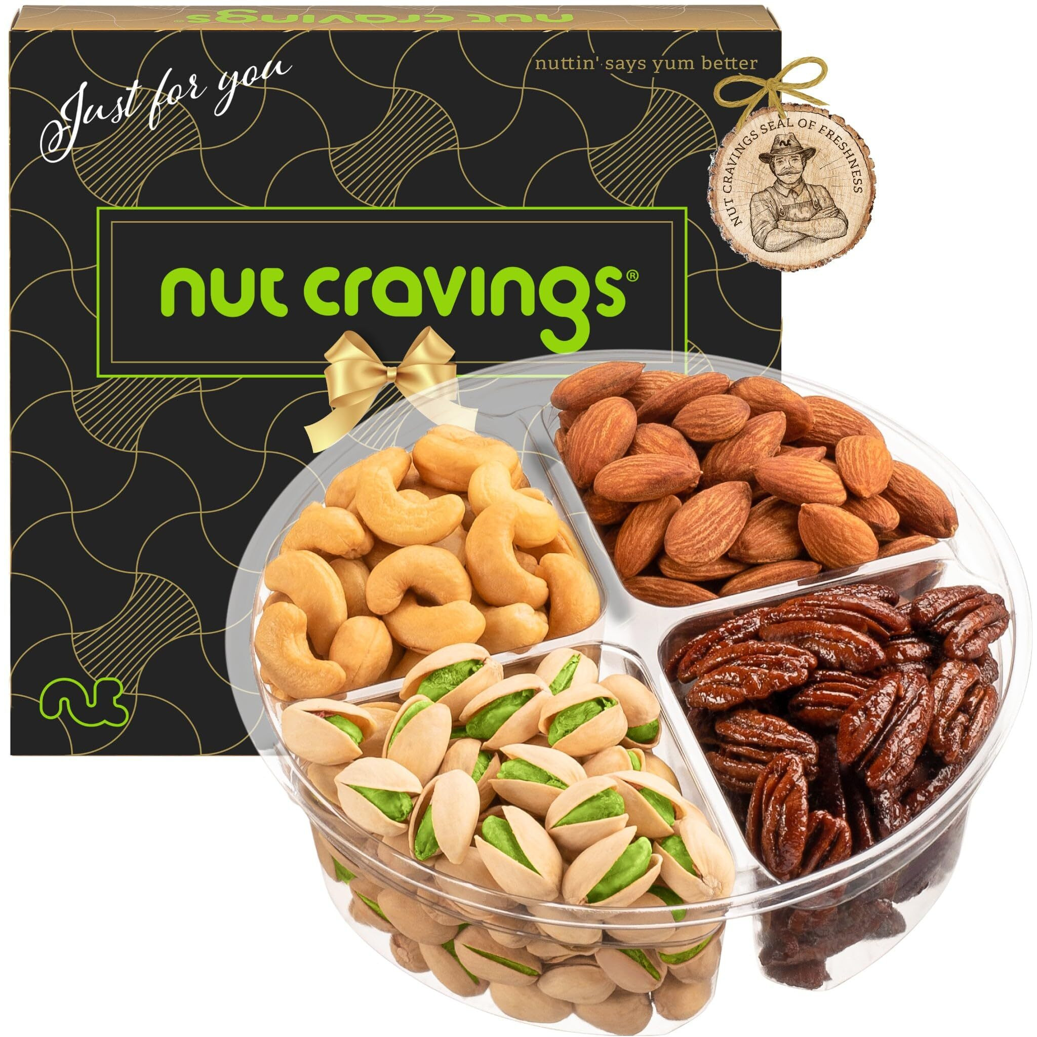 Nut Cravings Gourmet Collection - Rosh Hashana & Shana Tova Mixed Nuts Gift Basket In Black Gold Box (4 Assortments) Arrangement Platter, Birthday Care Package - Healthy Kosher Usa Made