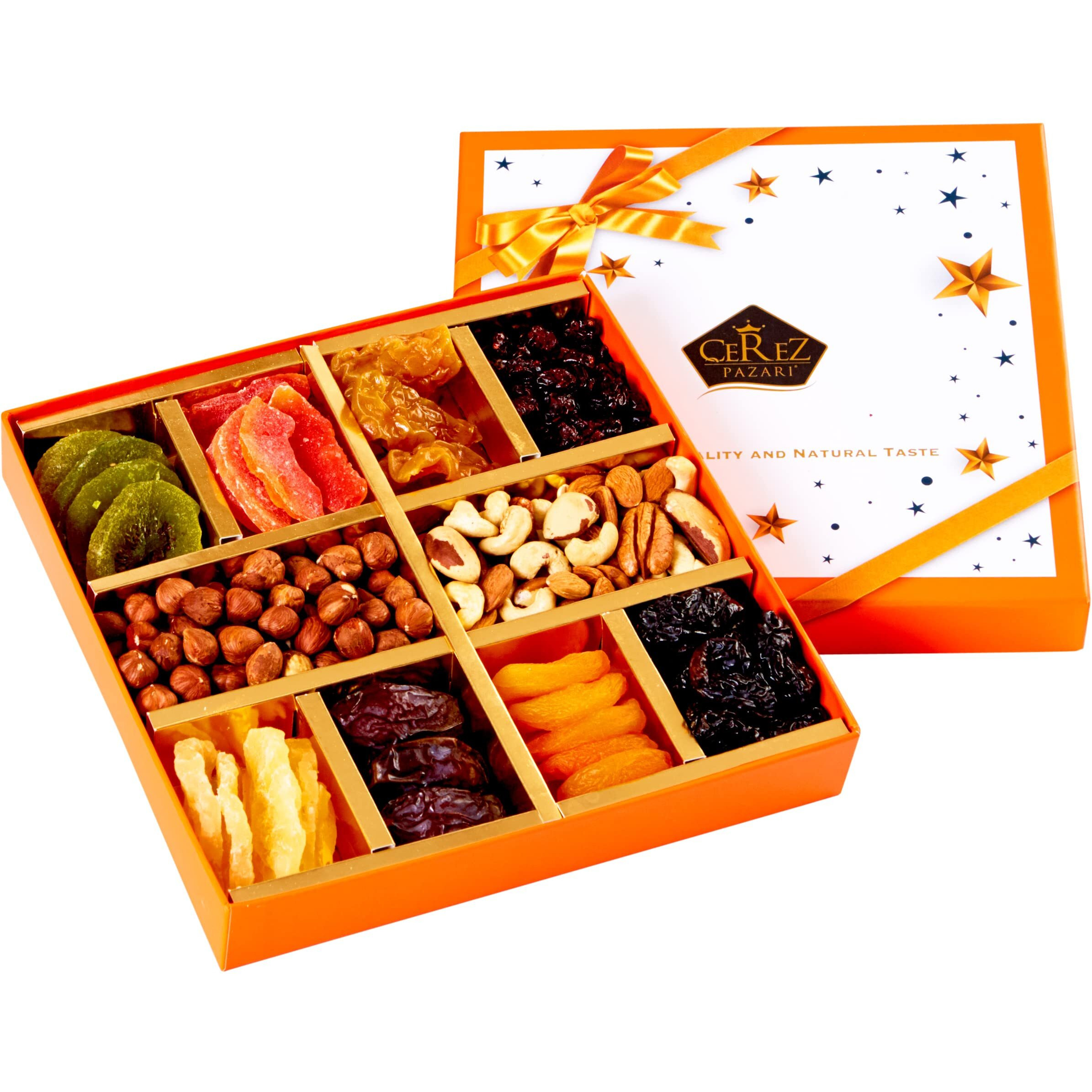 Dried Fruit And Nuts Gift Basket - Gourmet Holiday Gift Box - 10 Variety Holiday Healthy Snack - 1.43 Lbs Elegant Orange Box - Cerez Pazari