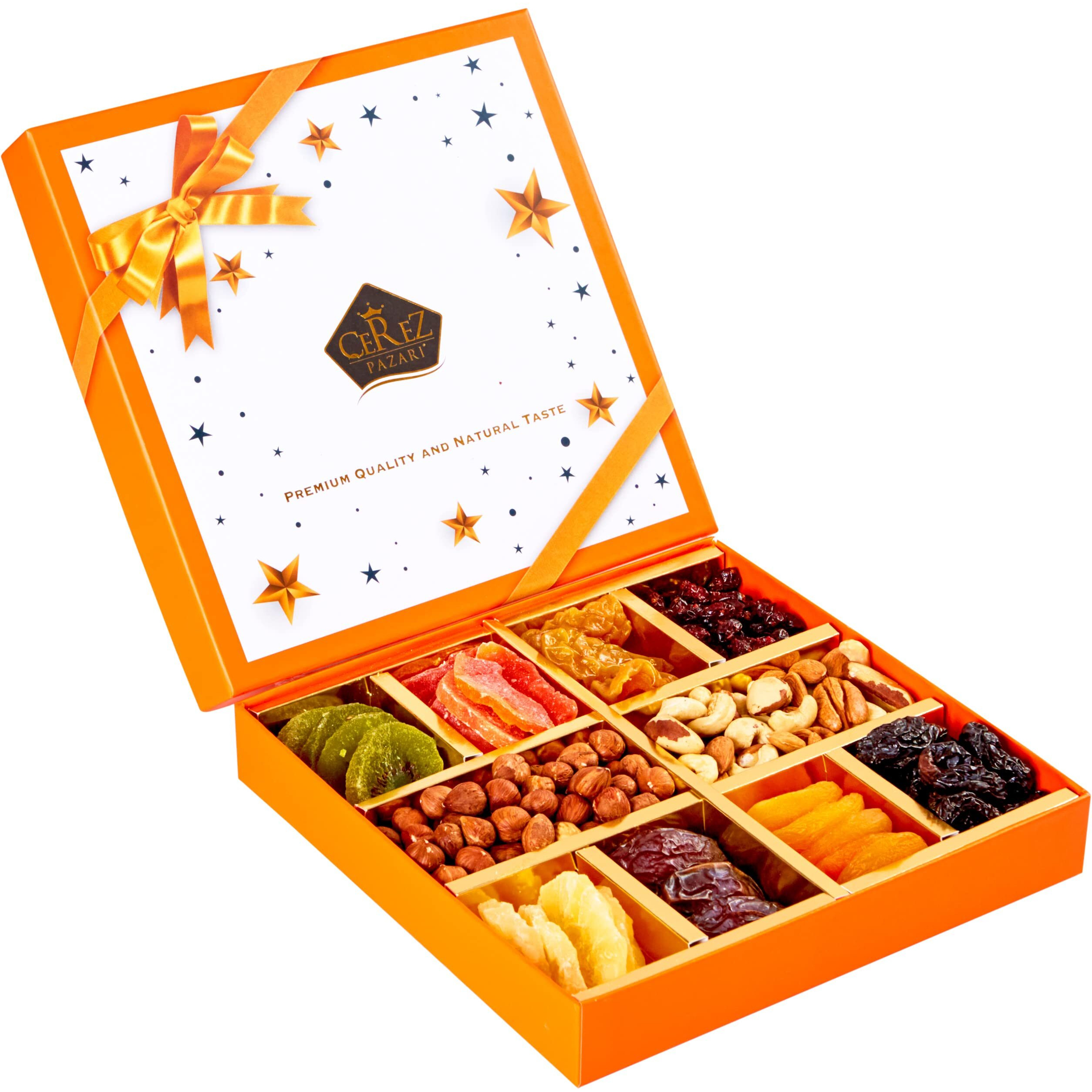 Dried Fruit And Nuts Gift Basket - Gourmet Holiday Gift Box - 10 Variety Holiday Healthy Snack - 1.43 Lbs Elegant Orange Box - Cerez Pazari