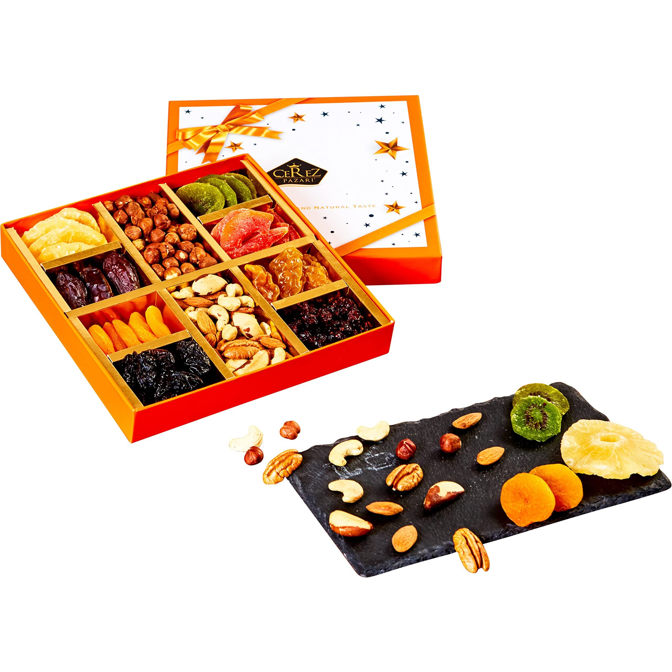 Dried Fruit And Nuts Gift Basket - Gourmet Holiday Gift Box - 10 Variety Holiday Healthy Snack - 1.43 Lbs Elegant Orange Box - Cerez Pazari