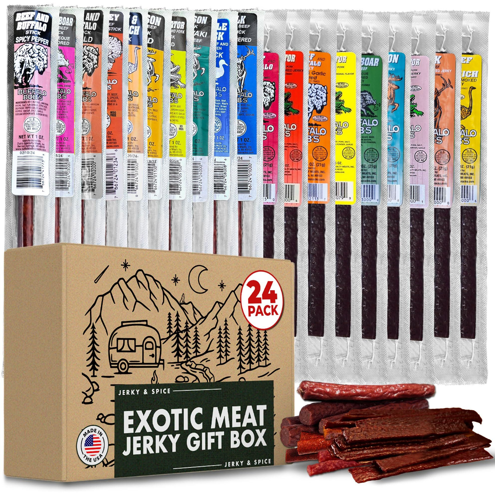 Buffalo Bob's Wild Game Meat Snacks (24 Pack), Ultimate Exotic Jerky Gift Box For Men, Beef Jerky Variety Pack Gift, Multiple Wild Game Jerky Sticks, Beef Jerky Gift Basket For Anniversary & Birthday
