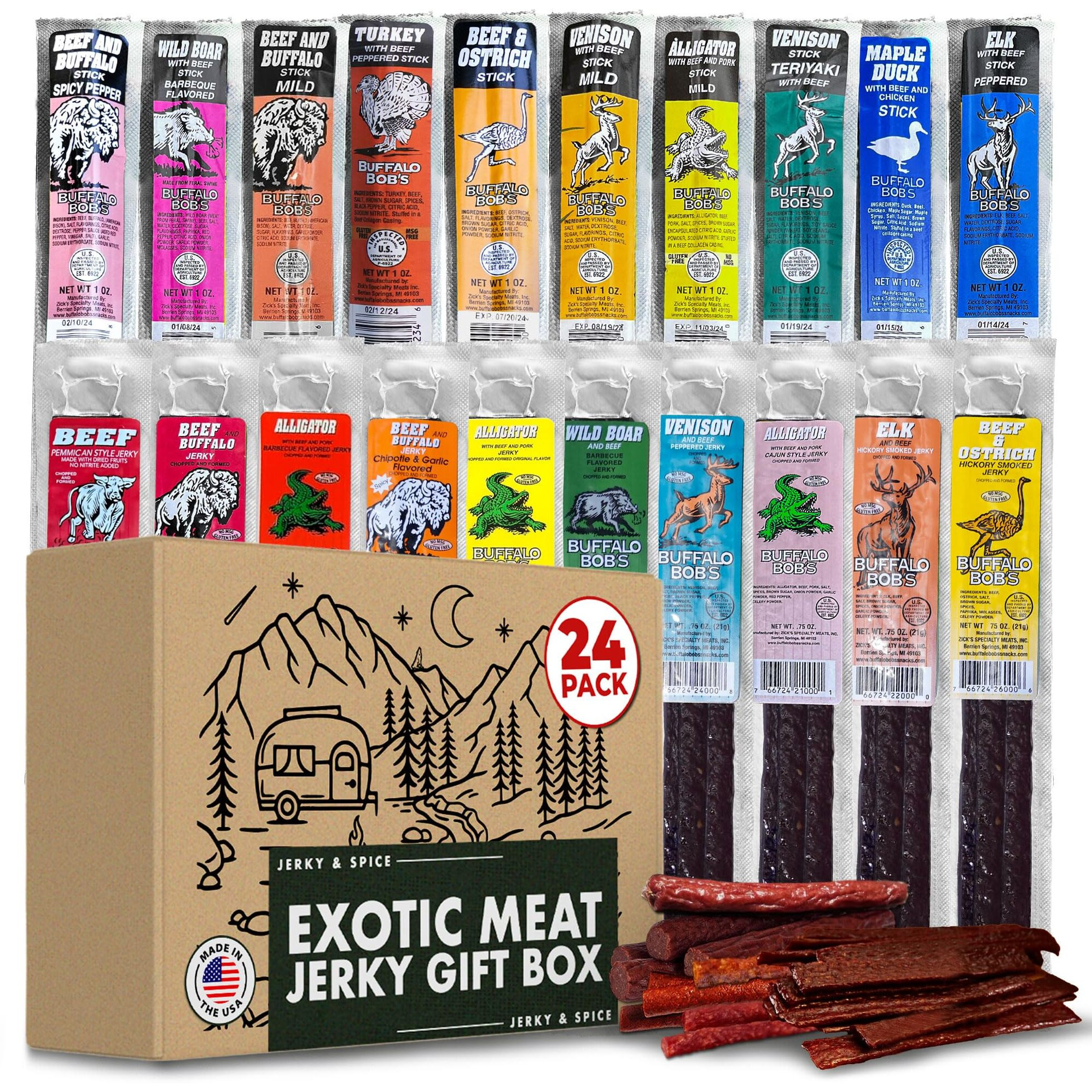 Buffalo Bob's Wild Game Meat Snacks (24 Pack), Ultimate Exotic Jerky Gift Box For Men, Beef Jerky Variety Pack Gift, Multiple Wild Game Jerky Sticks, Beef Jerky Gift Basket For Anniversary & Birthday