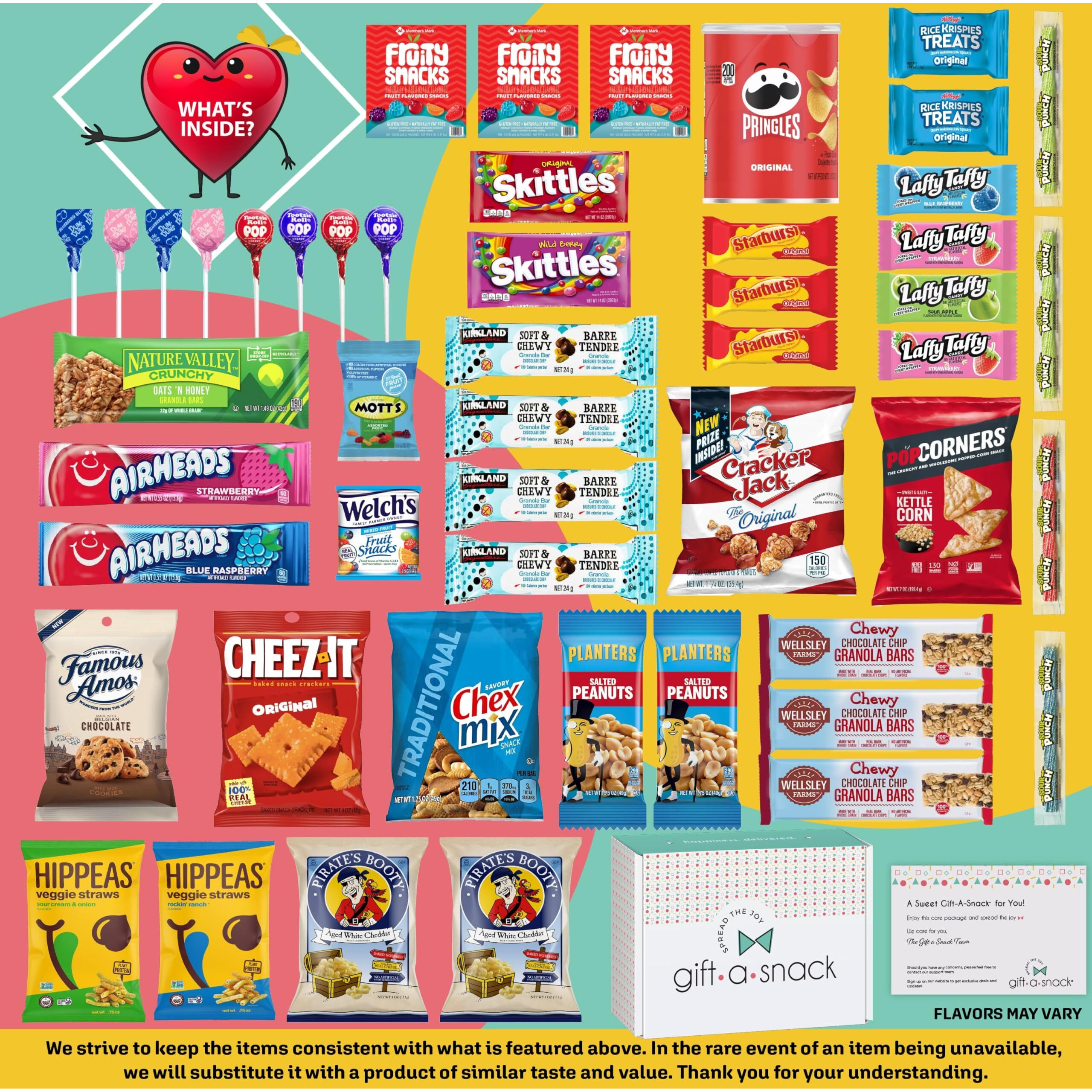 Gift A Snack - Halloween Trick Or Treats Snack Box Variety Pack Care Package + Greeting Card (50 Count) Birthday Sweet Treats Gift Basket, Candies Chips Crackers Bars, Food Assortments Variety