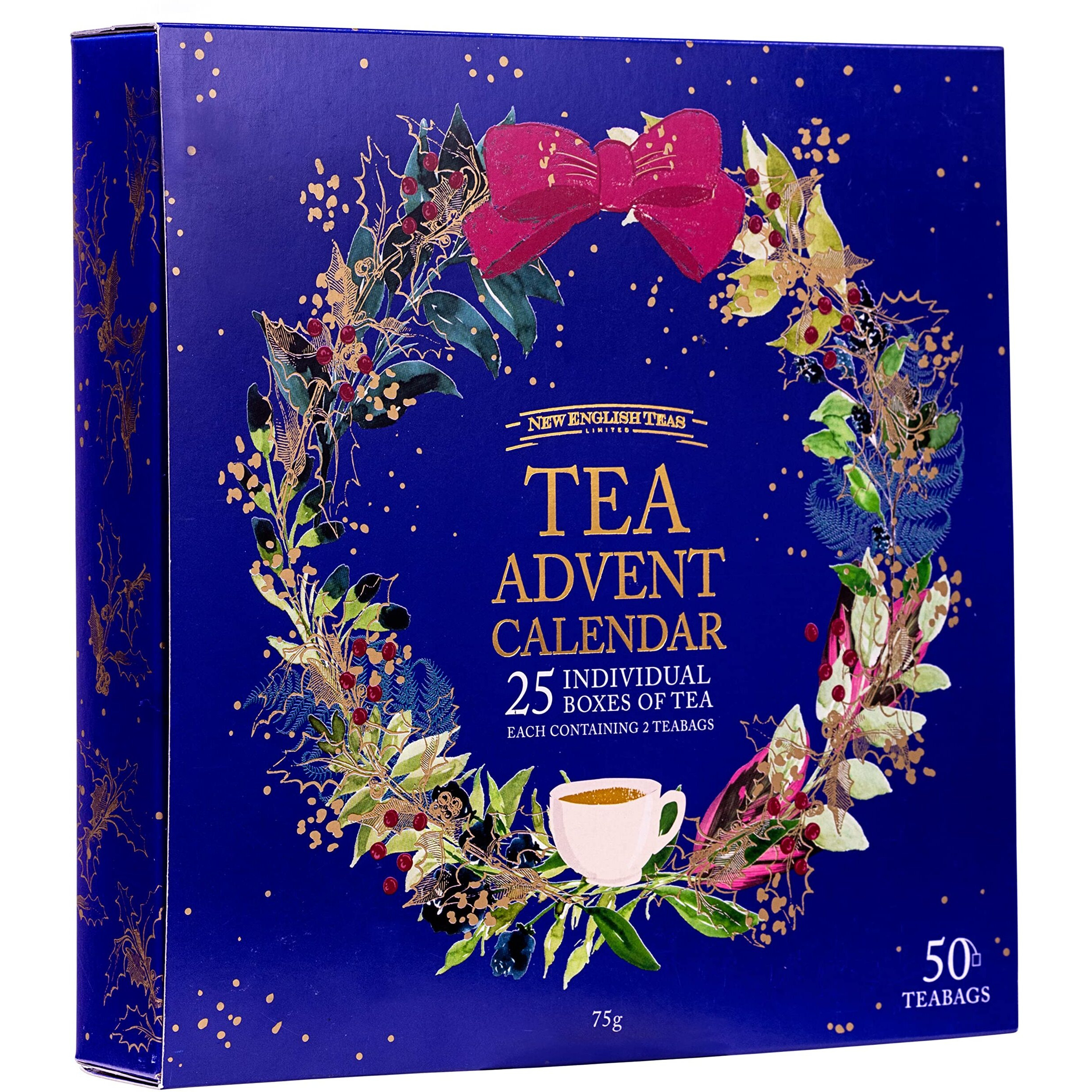 New English Teas Christmas Tea Advent Calendar, 50 Pyramid Teabags, 5 Festive Black Tea, Fruit & Herbal Blends