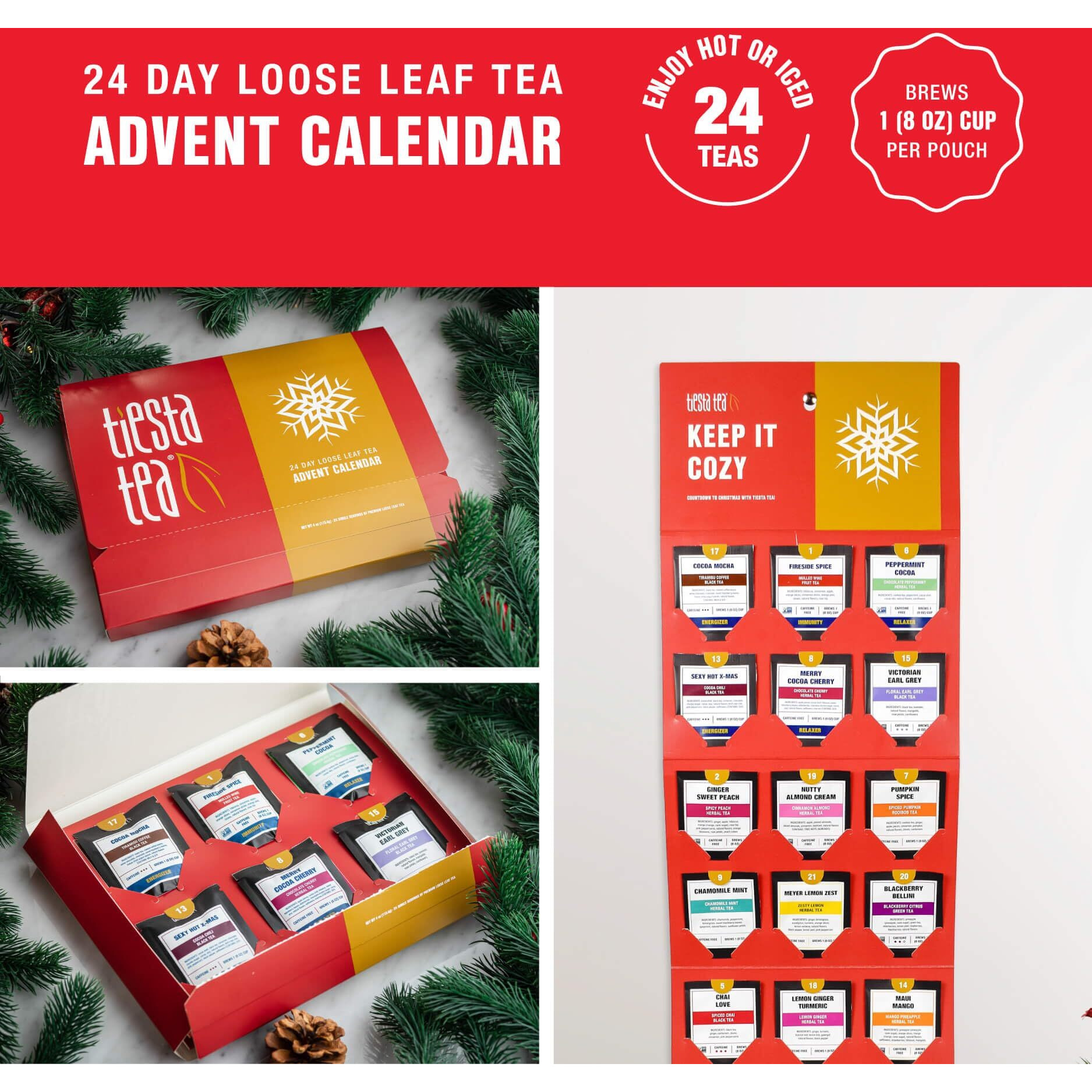 Tiesta Tea Holiday Advent Calendar 2023 - 24 Loose Leaf Tea Blends, Limited Edition Gift Set