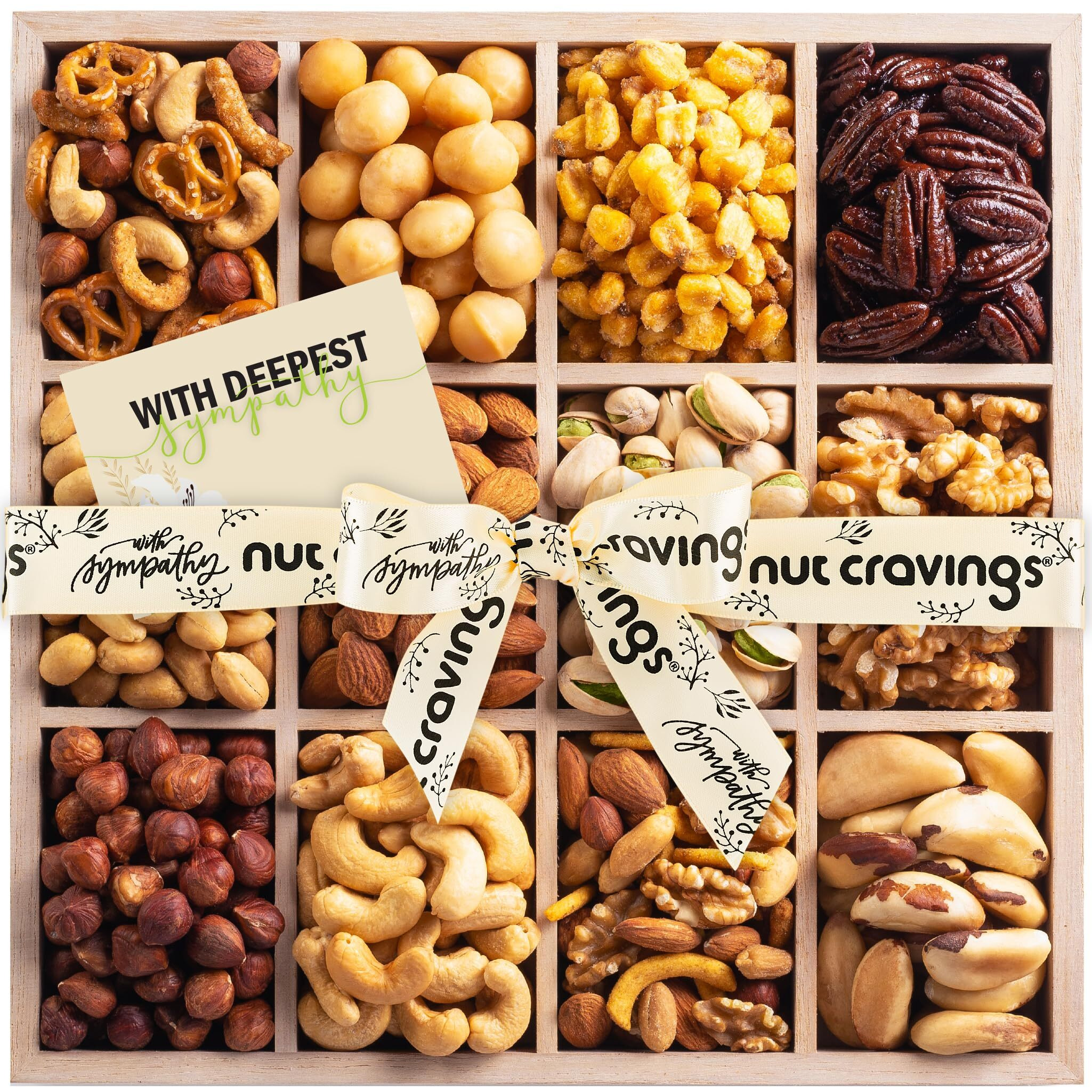 Nut Cravings Gourmet Collection - Sympathy Nuts Gift Basket With Sympathy Ribbon + Greeting Card In Reusable Wooden Tray (12 Assortments) Food Platter Condolence Care Package