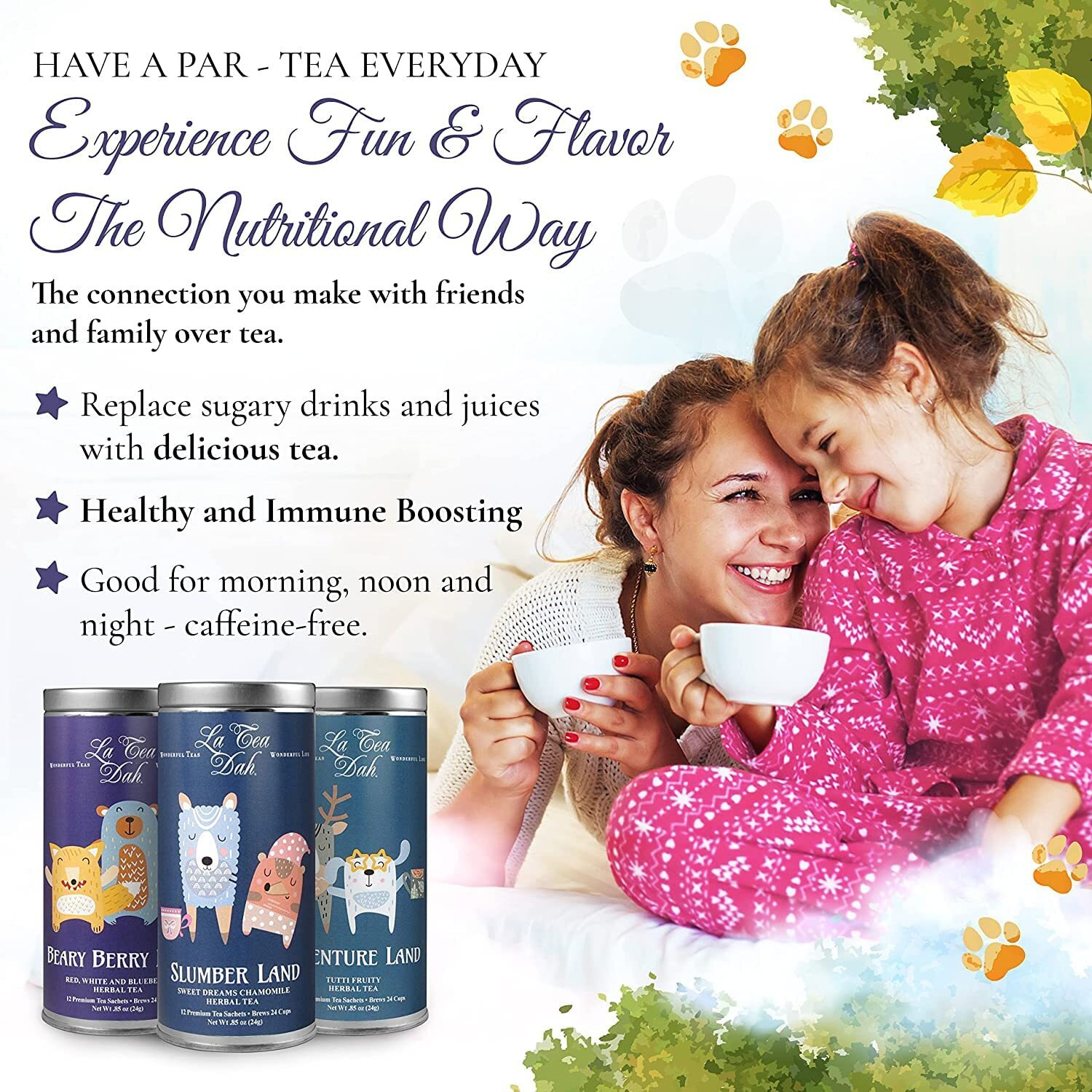 Little Animals Tea Gift Basket By La Tea Dah | Caffeine Free Tea For Kids | Children's Herbal Tea Sampler For Movie Night, Baby Shower, Kids Tea Set | Tea Party Supplies (36 Decaf Tea Sachets)