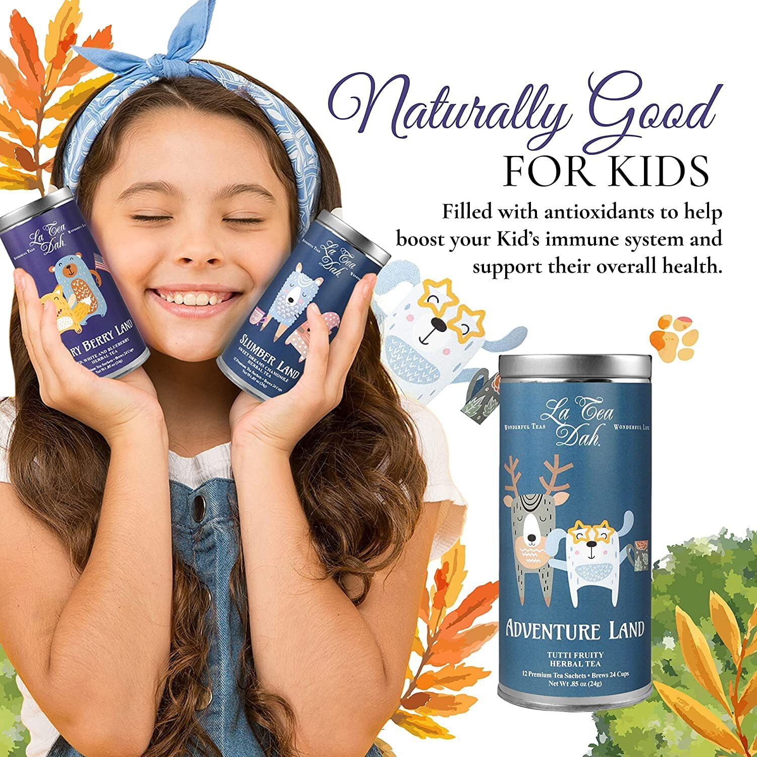 Little Animals Tea Gift Basket By La Tea Dah | Caffeine Free Tea For Kids | Children's Herbal Tea Sampler For Movie Night, Baby Shower, Kids Tea Set | Tea Party Supplies (36 Decaf Tea Sachets)