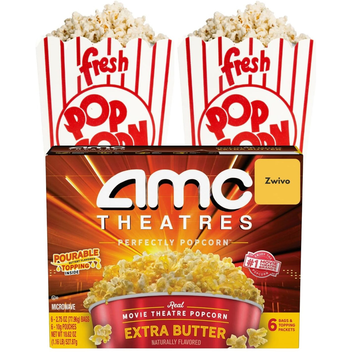 Amc Popcorn Microwave Popcorn Movie Night Basket Gift Set - Extra Butter Flavor, Bundle With 2 Popcorn Bags & Zwivo Sticker