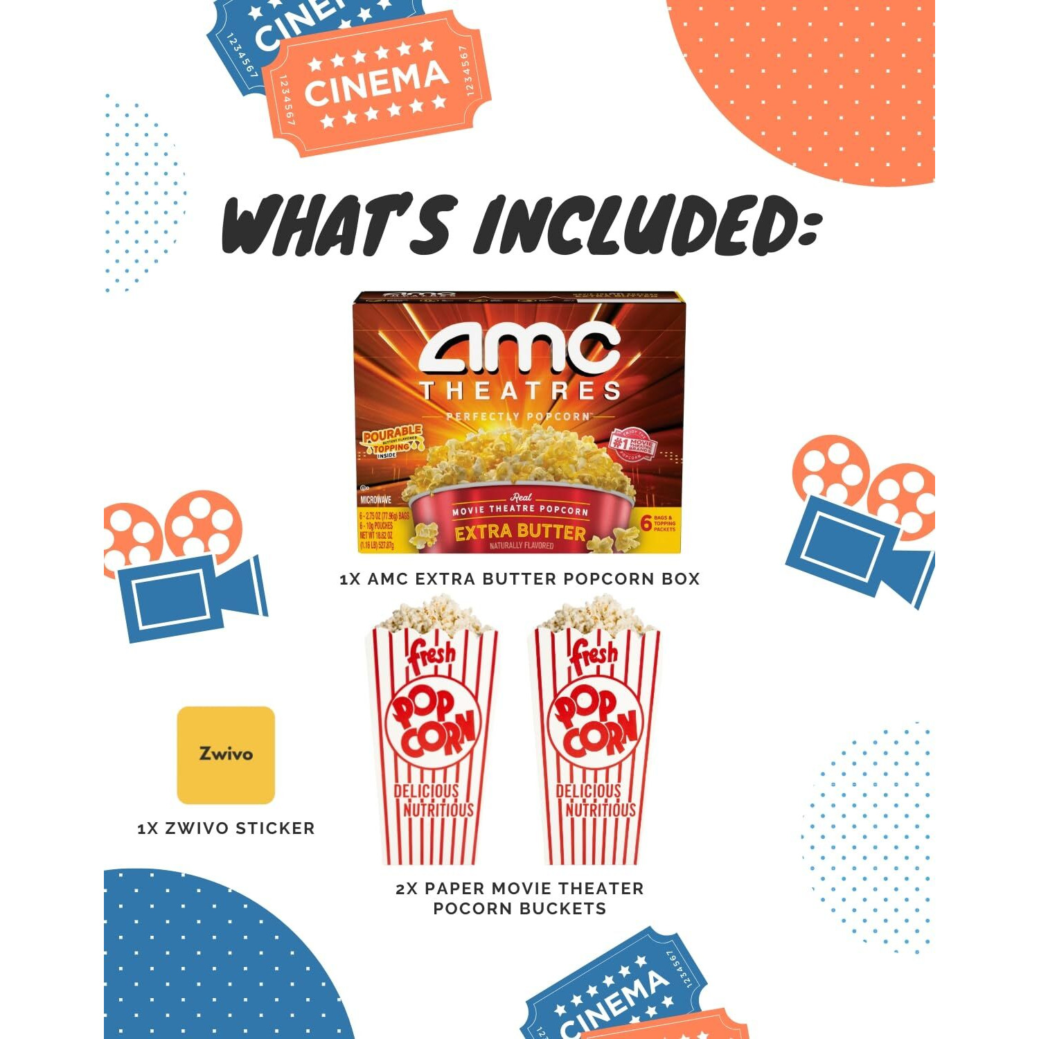 Amc Popcorn Microwave Popcorn Movie Night Basket Gift Set - Extra Butter Flavor, Bundle With 2 Popcorn Bags & Zwivo Sticker