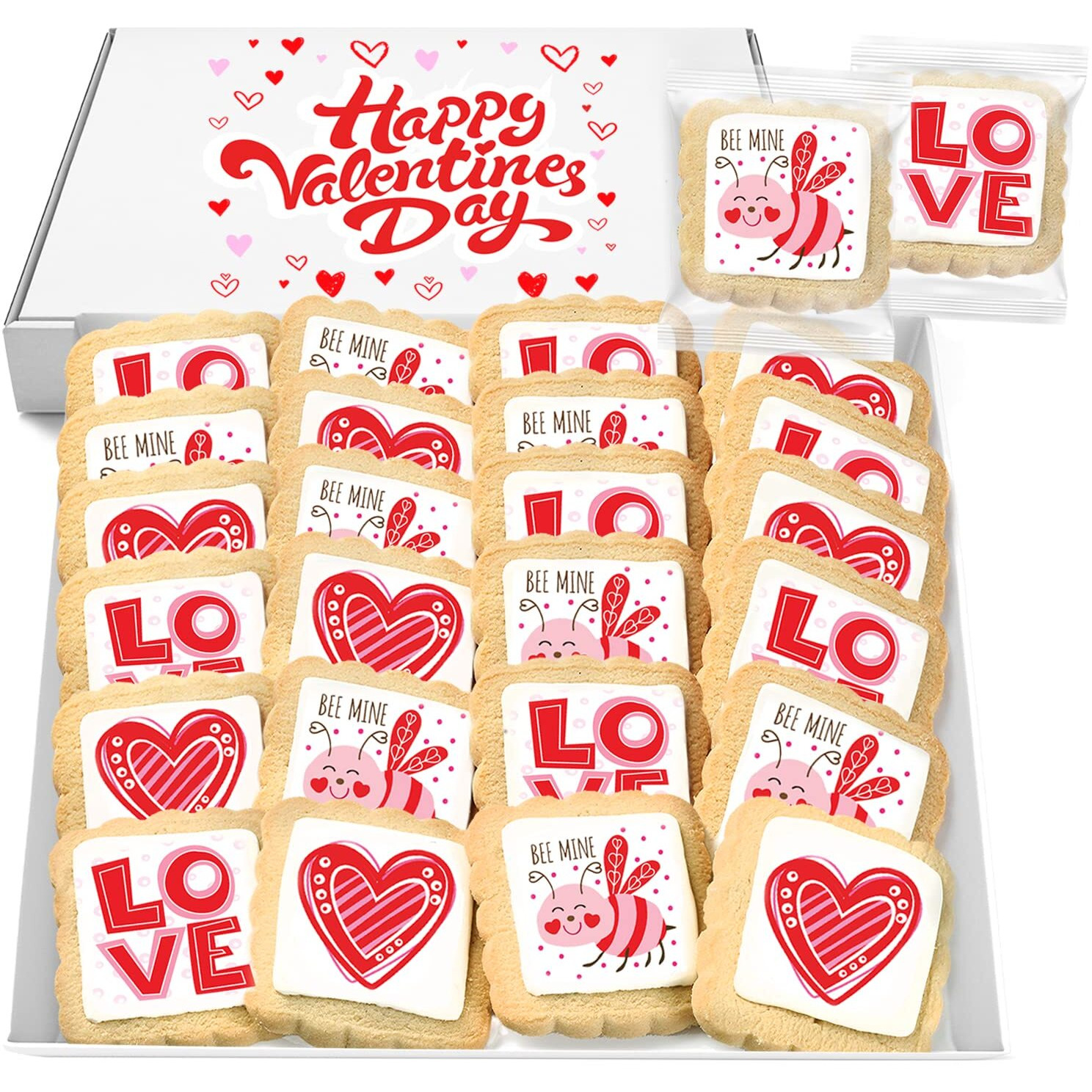 Valentines Day Cookies Class Favors Gift Basket For Kids Men Women Co Workers Teacher | Individually Wrapped | 24 Pack | Love Heart Be Mine (Extra Large)