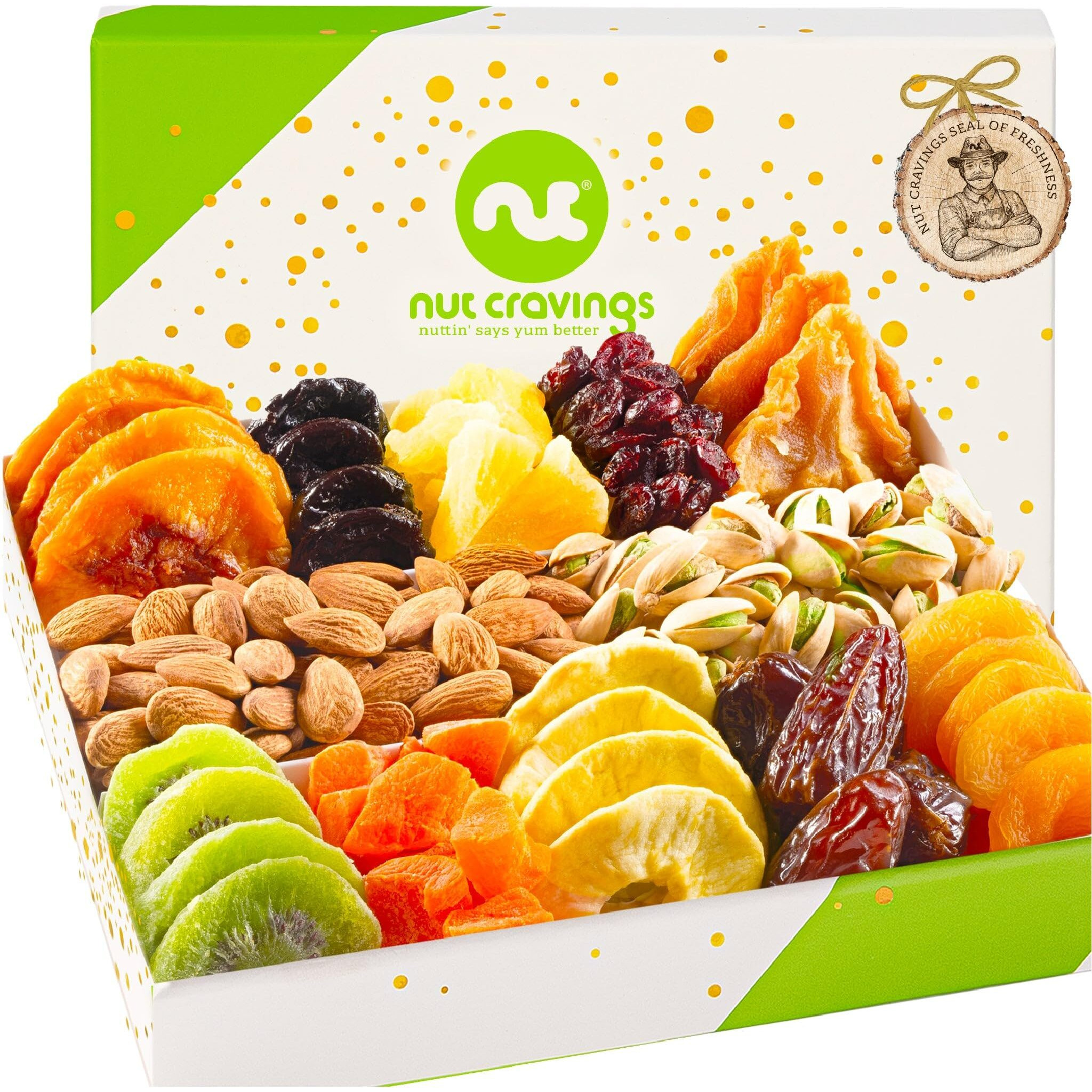 Nut Cravings Gourmet Collection - Rosh Hashana & Shana Tova Dried Fruit & Mixed Nuts Gift Basket In White Gold Box (12 Assortments) Arrangement Platter, Bday Care Package - Healthy Kosher