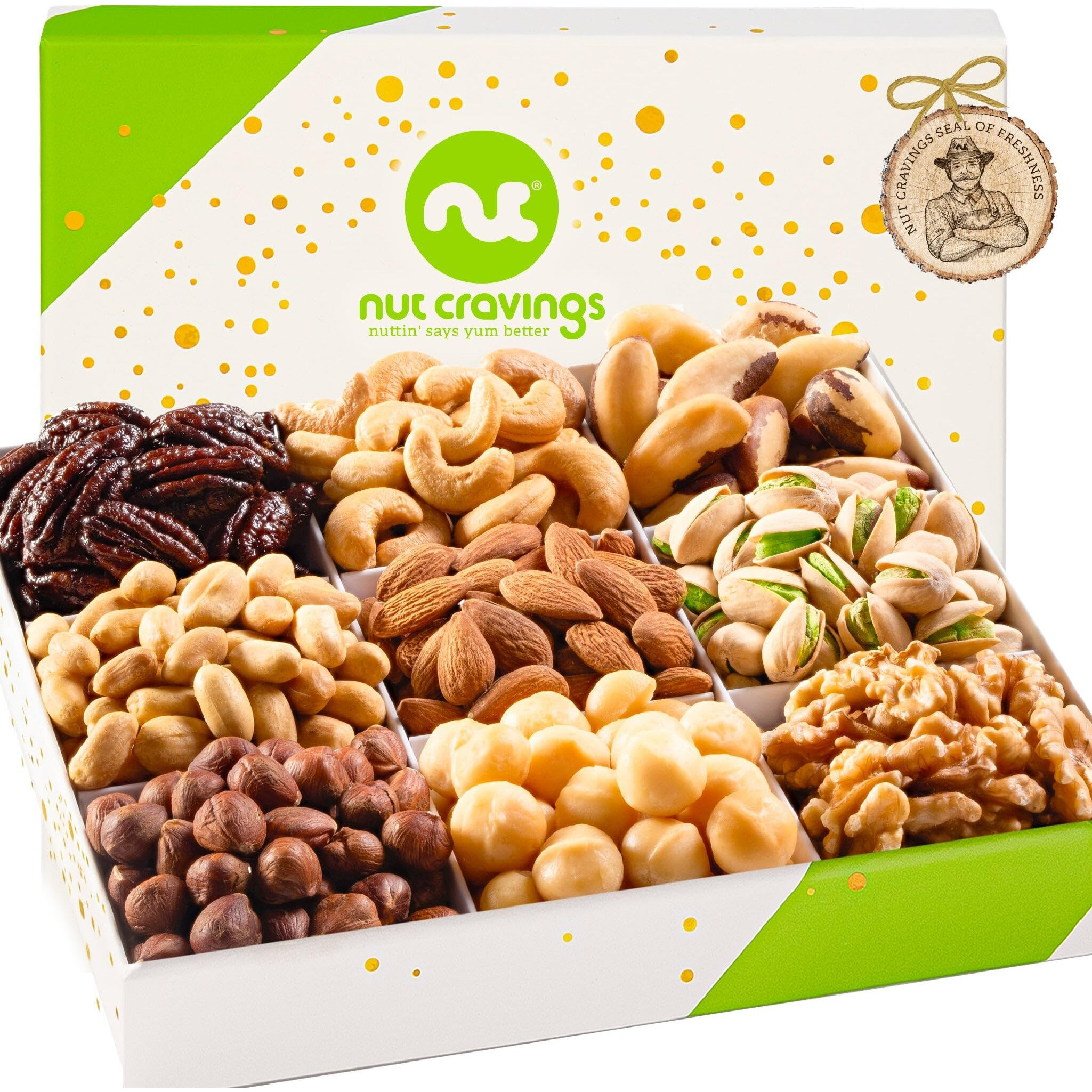 Nut Cravings Gourmet Collection - Rosh Hashana & Shana Tova Mixed Nuts Gift Basket In White Gold Box (9 Assortments) Arrangement Platter, Birthday Care Package - Healthy Kosher Usa Made