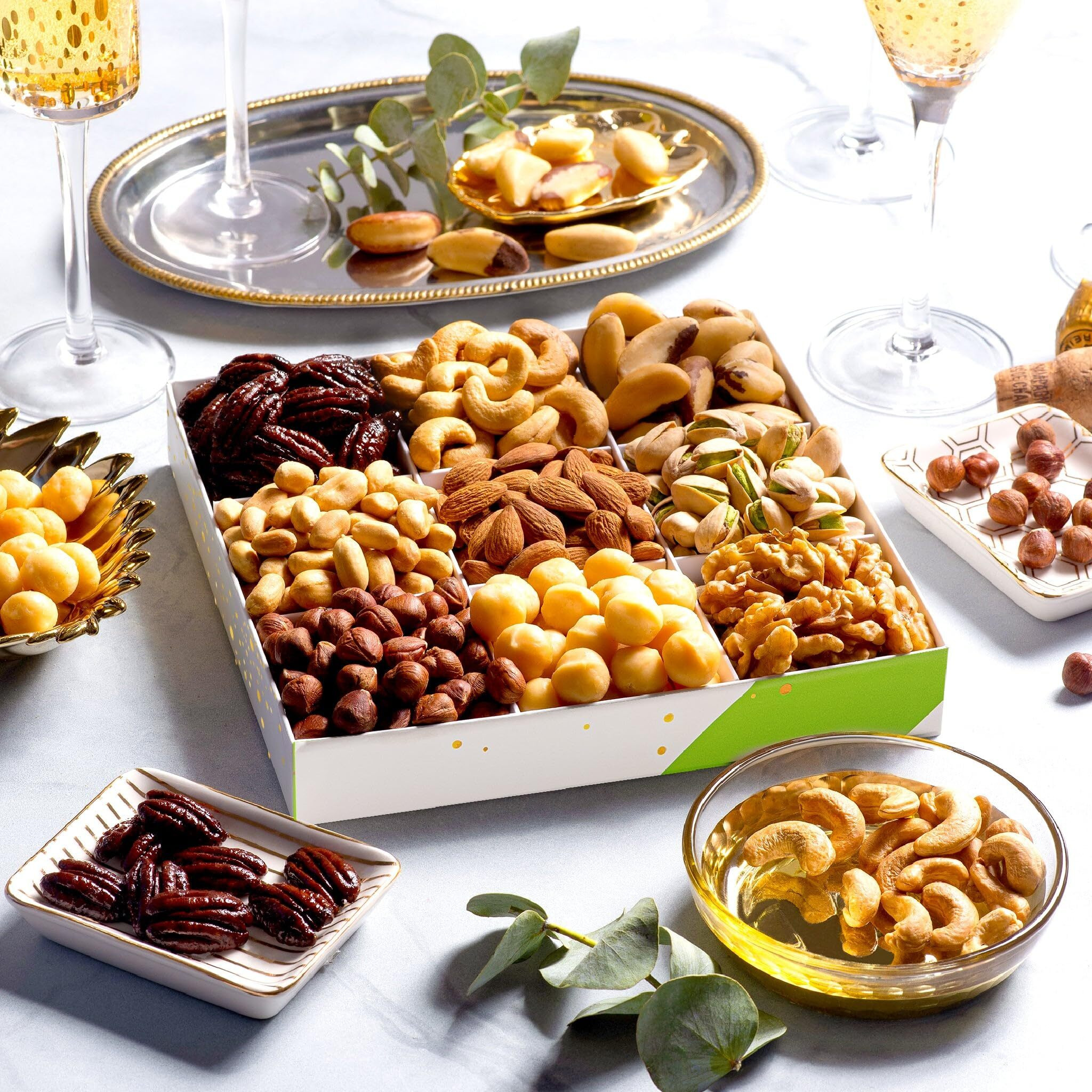 Nut Cravings Gourmet Collection - Rosh Hashana & Shana Tova Mixed Nuts Gift Basket In White Gold Box (9 Assortments) Arrangement Platter, Birthday Care Package - Healthy Kosher Usa Made
