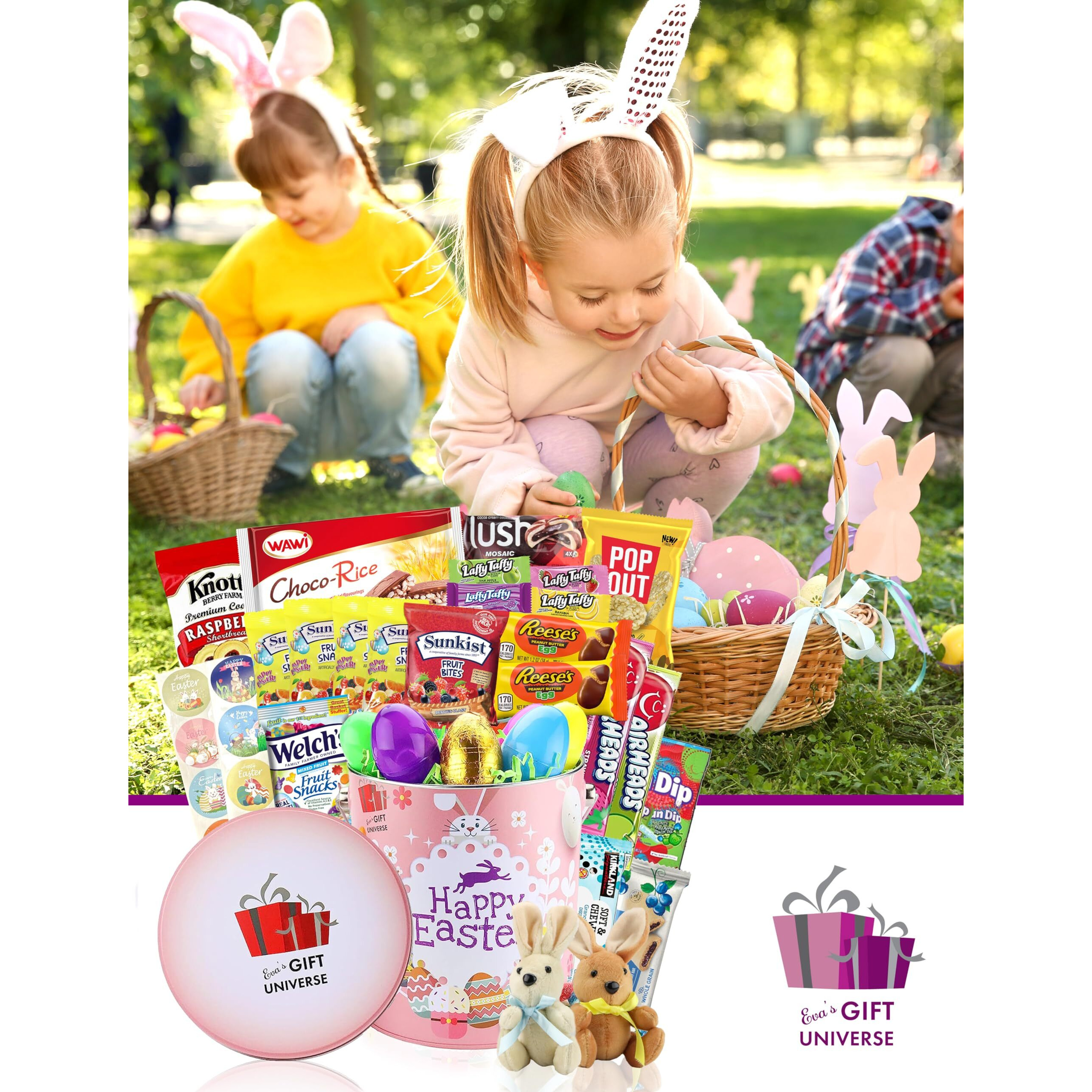 Eva's Gift Universe Easter Snack Gift Tin Basket (41 Count) Candy Chocolates Care Package For Family Friends Kids Coworkers