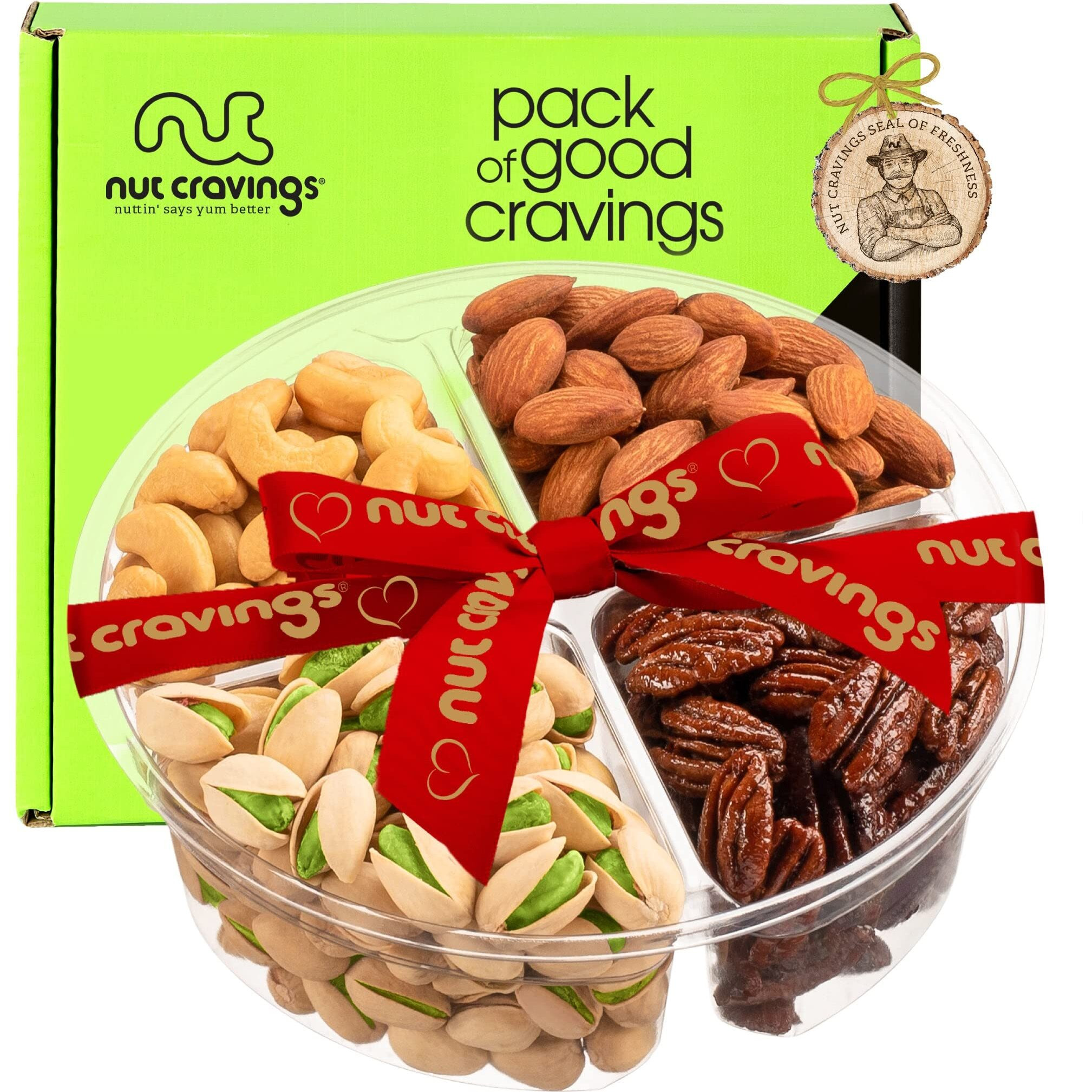 Nut Cravings Gourmet Collection - Rosh Hashana & Shana Tova Mixed Nuts Gift Basket + Heart Ribbon (4 Assortments) Arrangement Platter, Birthday Care Package - Healthy Kosher Usa Made