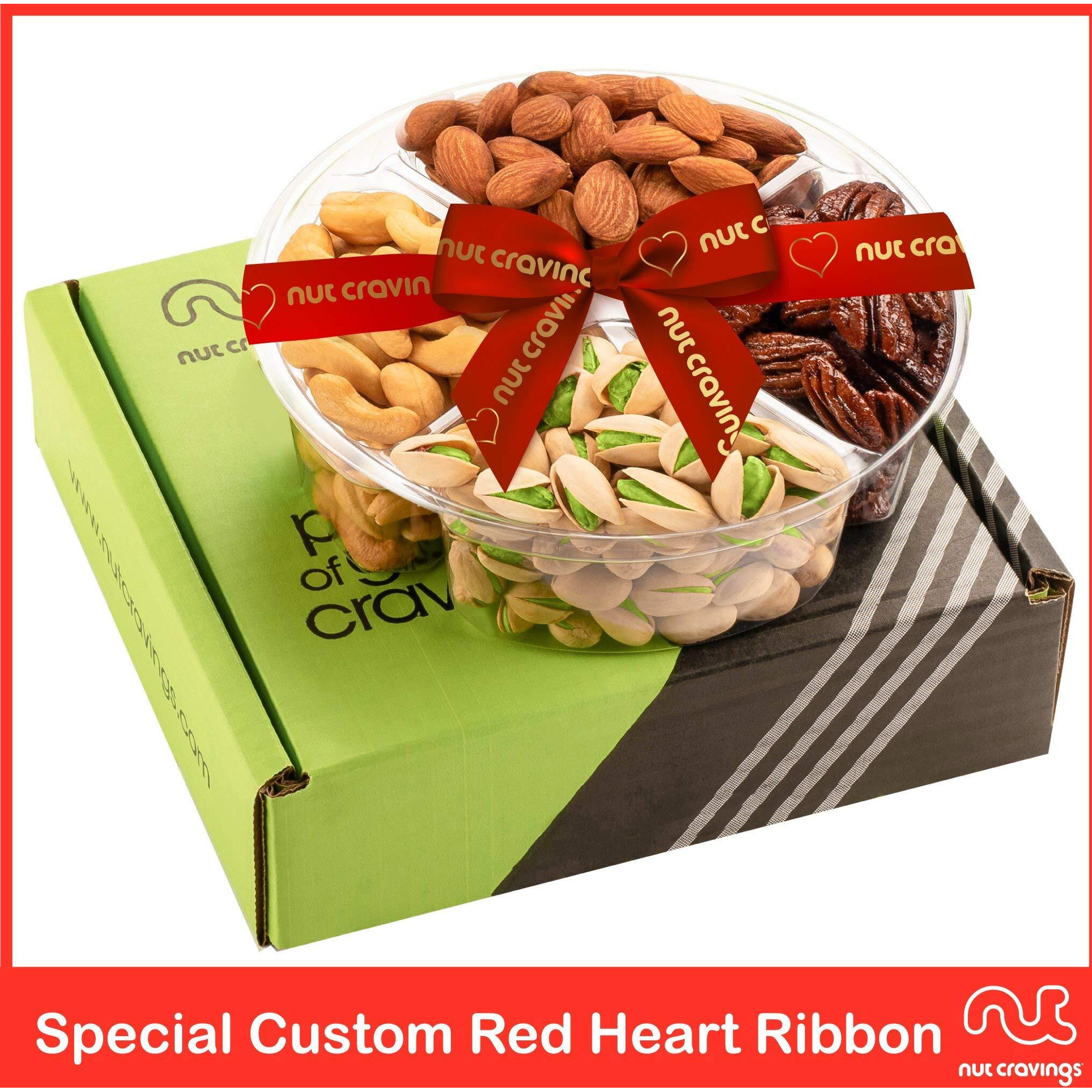 Nut Cravings Gourmet Collection - Rosh Hashana & Shana Tova Mixed Nuts Gift Basket + Heart Ribbon (4 Assortments) Arrangement Platter, Birthday Care Package - Healthy Kosher Usa Made