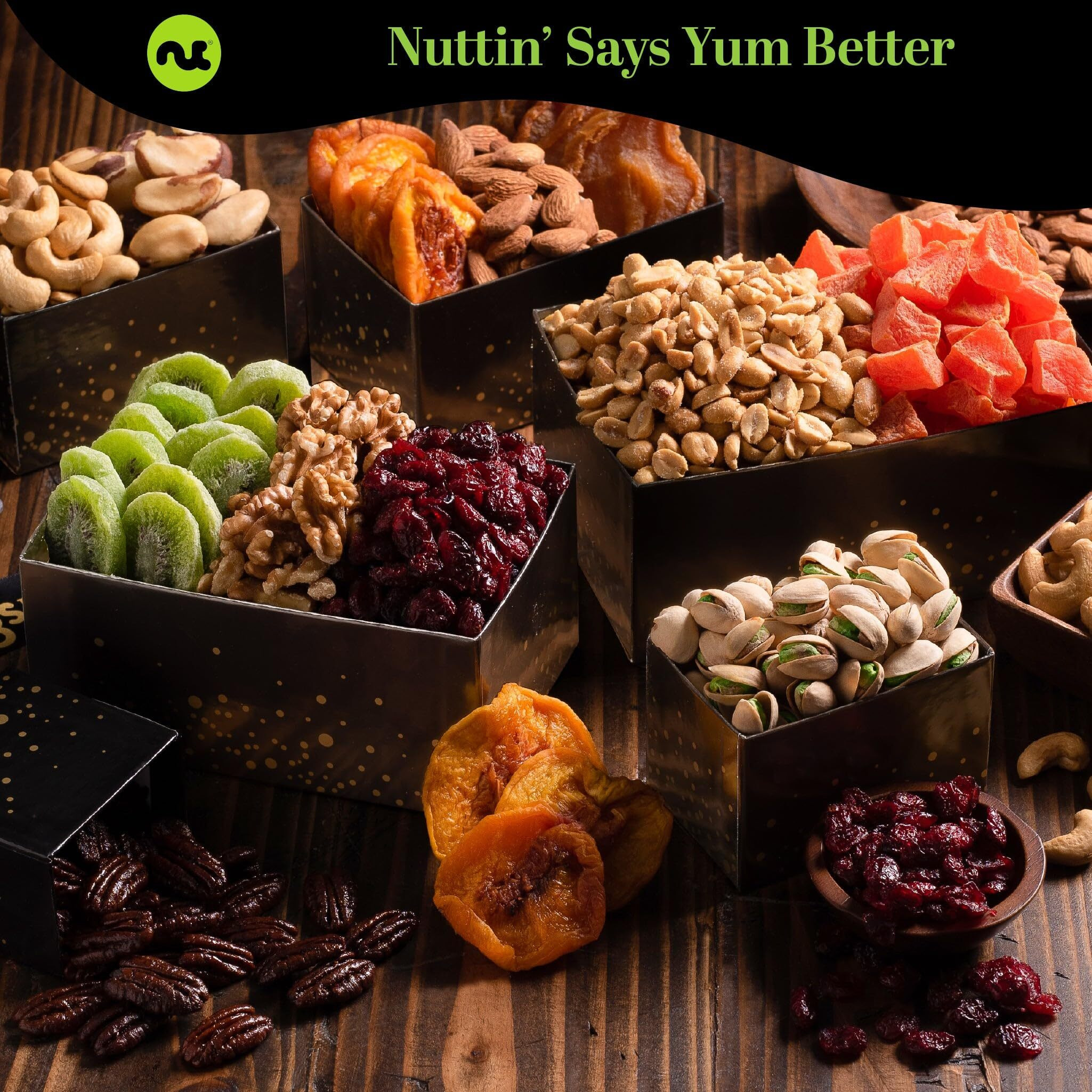 Nut Cravings Gourmet Collection - Happy Birthday Nuts & Dried Fruits Tower Gift Basket With Hb Ribbon (12 Assortments) Food Platter, Bday Care Package Tray, Healthy Kosher Snack