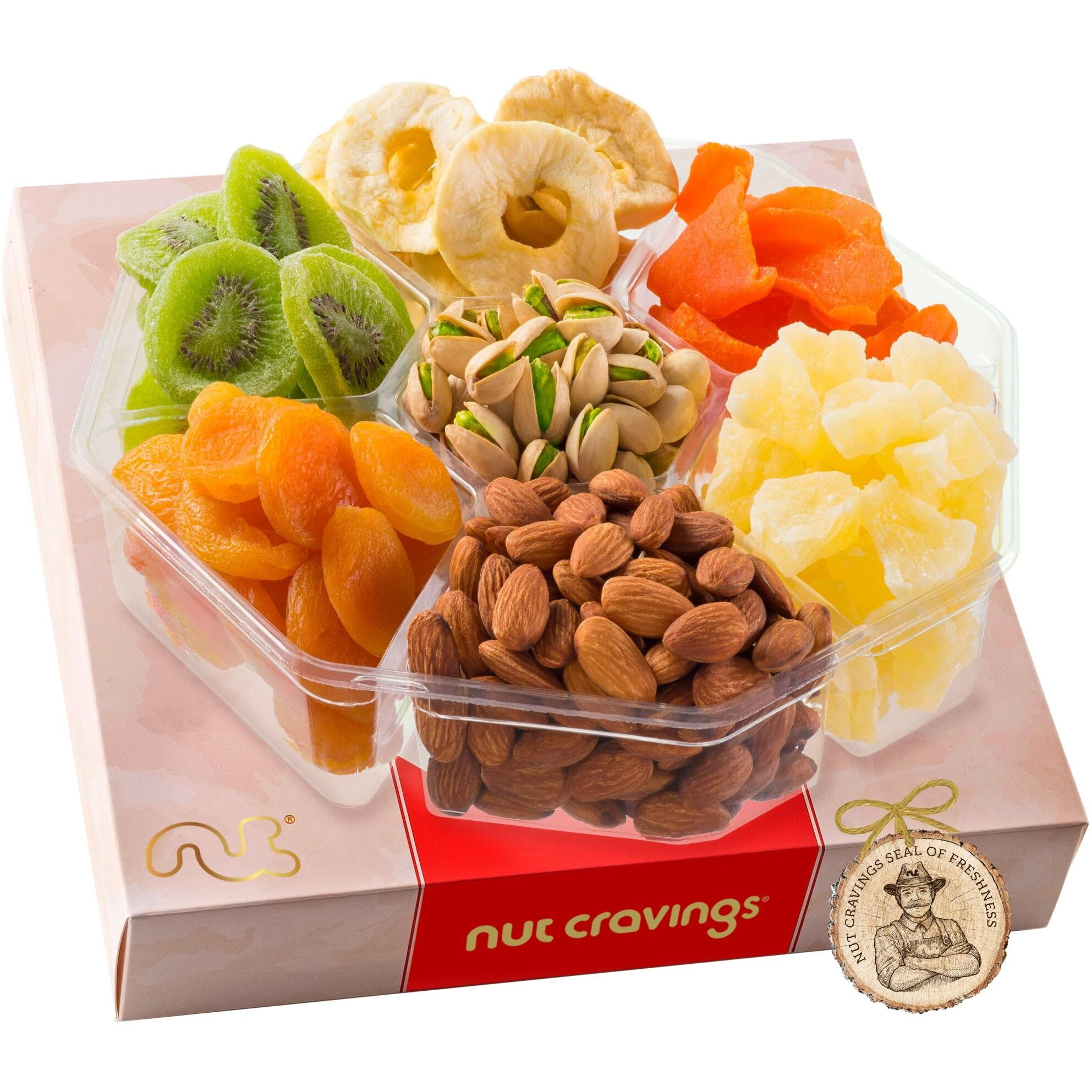 Nut Cravings Gourmet Collection - Rosh Hashana & Shana Tova Dried Fruit & Mixed Nuts Gift Basket In Red Box (7 Assortments, 2 Lb) Arrangement Platter Birthday Care Package, Healthy Kosher