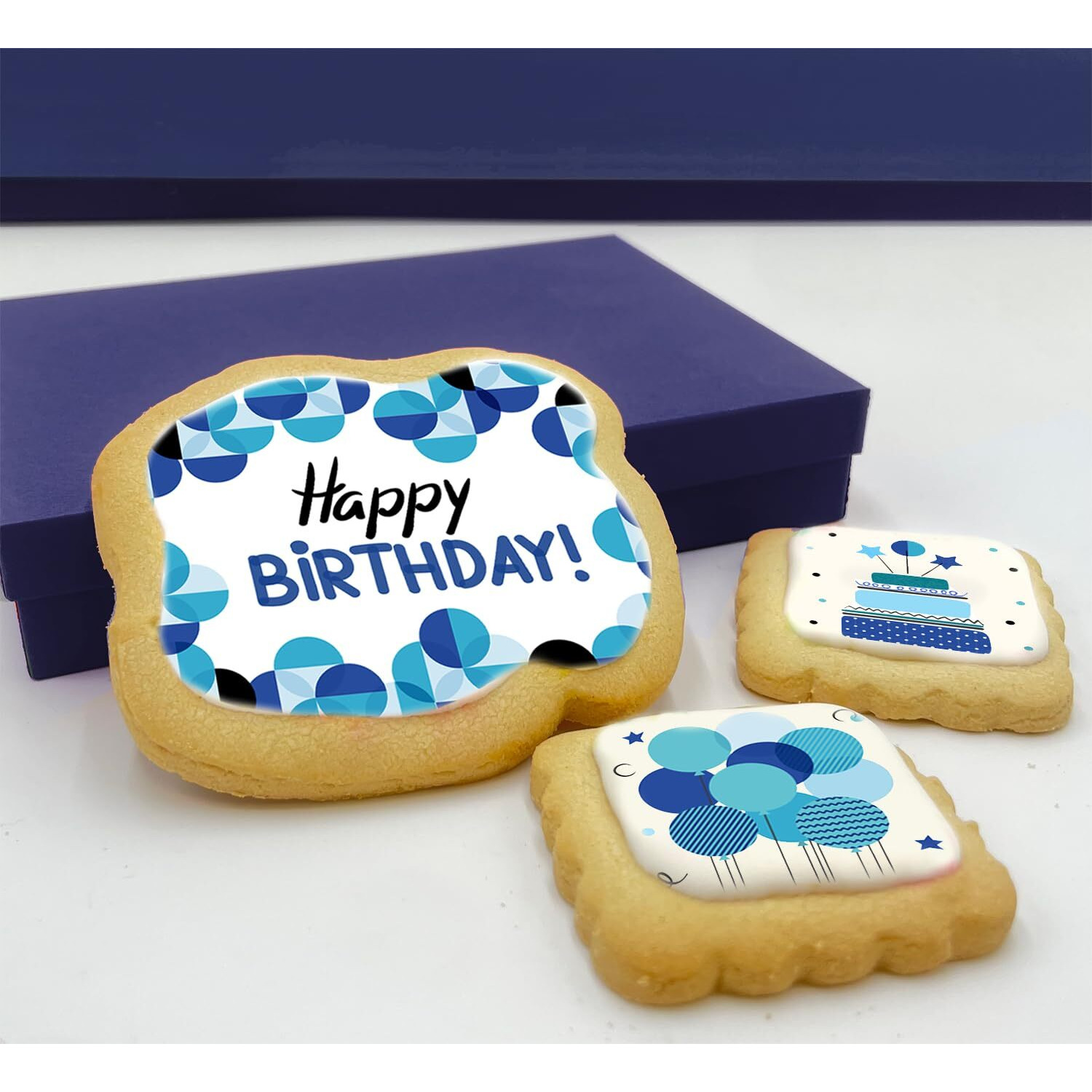 Happy Birthday Cookies Blue Gift Basket For Men And Boys Him Decorated Sugar Cookie Gift Box Mens | Nut Free | 3 Pack | Kosher