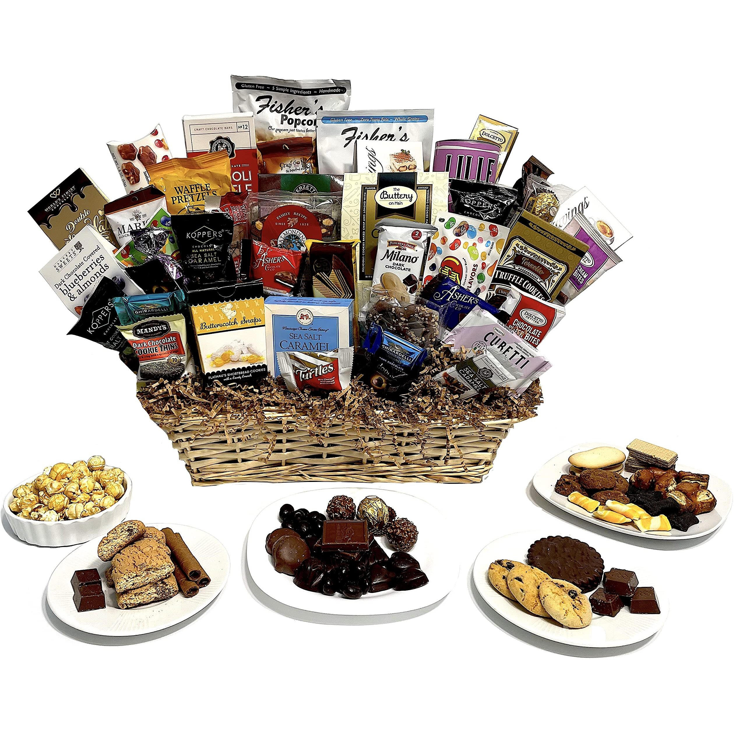 Hand-Crafted 43 Piece Customizable Chocolate Gift Basket Of Gourmet Chocolates, Cookies, And Crunches. Tasty Treats Selected For Businesses, Clients, Employees, Birthdays, Thank You And More