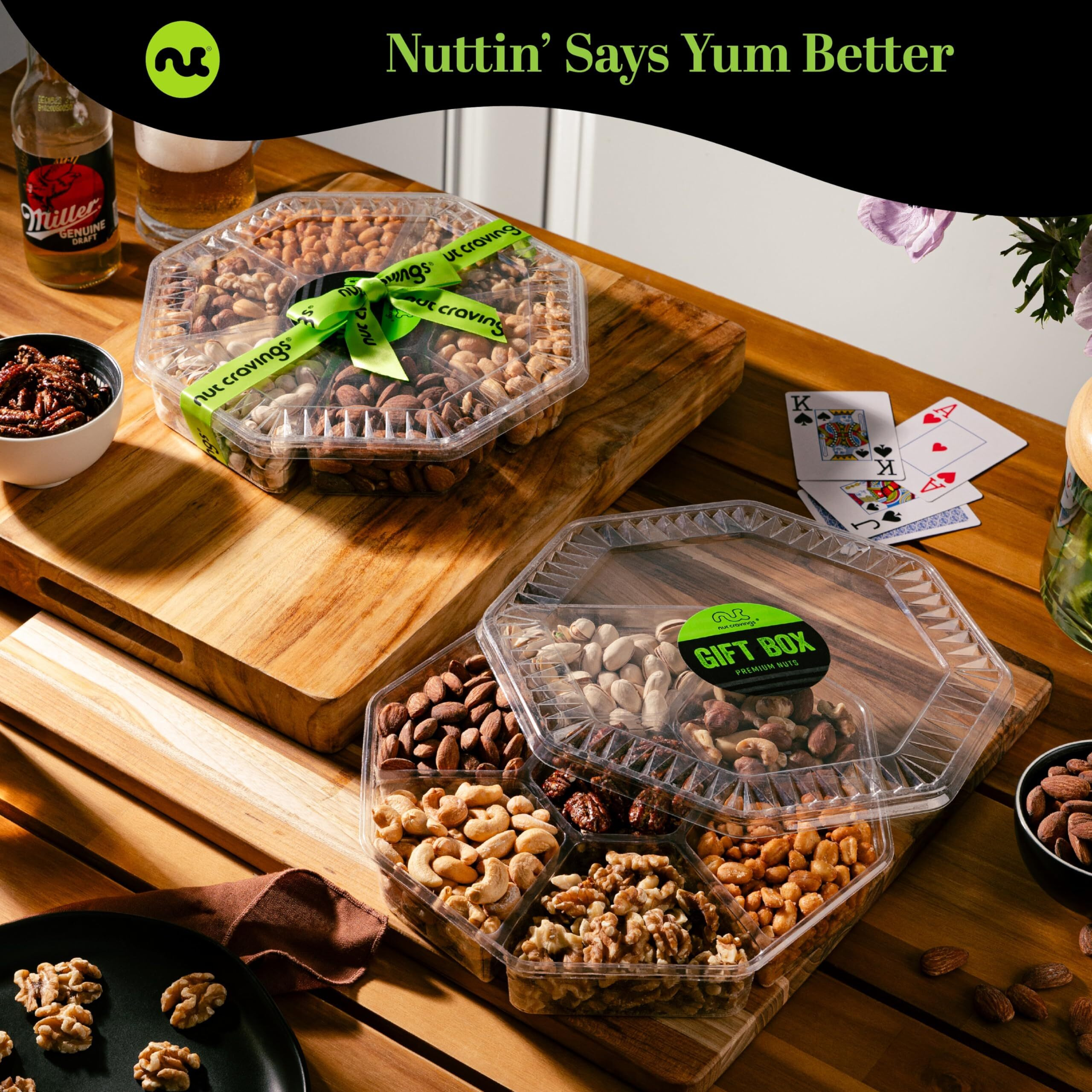 Nut Cravings Gourmet Collection - Rosh Hashana & Shana Tova Mixed Nuts Gift Basket + Green Ribbon (7 Assortments, 1 Lb) Arrangement Platter, Birthday Care Package - Healthy Kosher