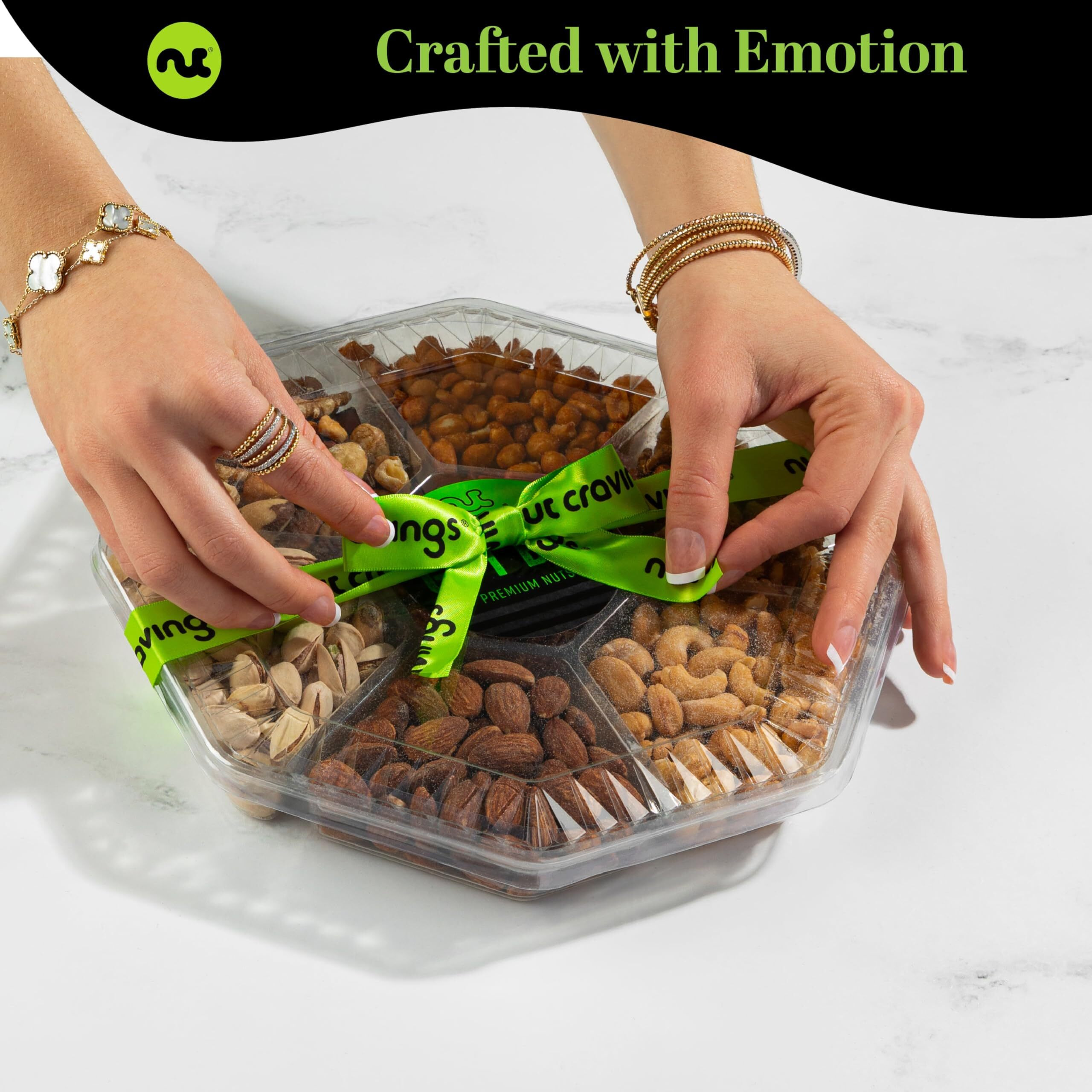 Nut Cravings Gourmet Collection - Rosh Hashana & Shana Tova Mixed Nuts Gift Basket + Green Ribbon (7 Assortments, 1 Lb) Arrangement Platter, Birthday Care Package - Healthy Kosher