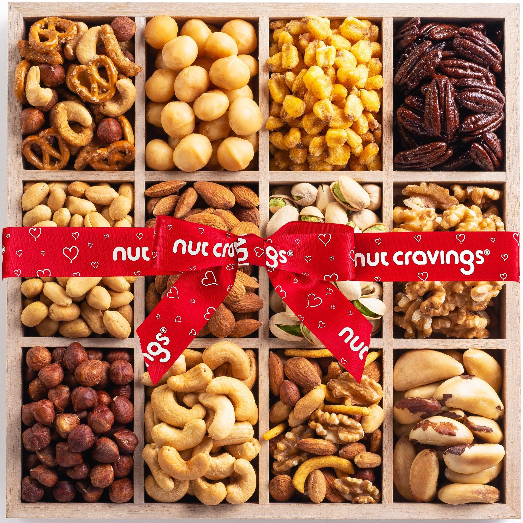 Nut Cravings Gourmet Collection - Rosh Hashana & Shana Tova Mixed Nuts Gift Basket In Reusable Wooden Tray + Heart Ribbon (12 Assortments) Arrangement Platter, Healthy Kosher Usa Made
