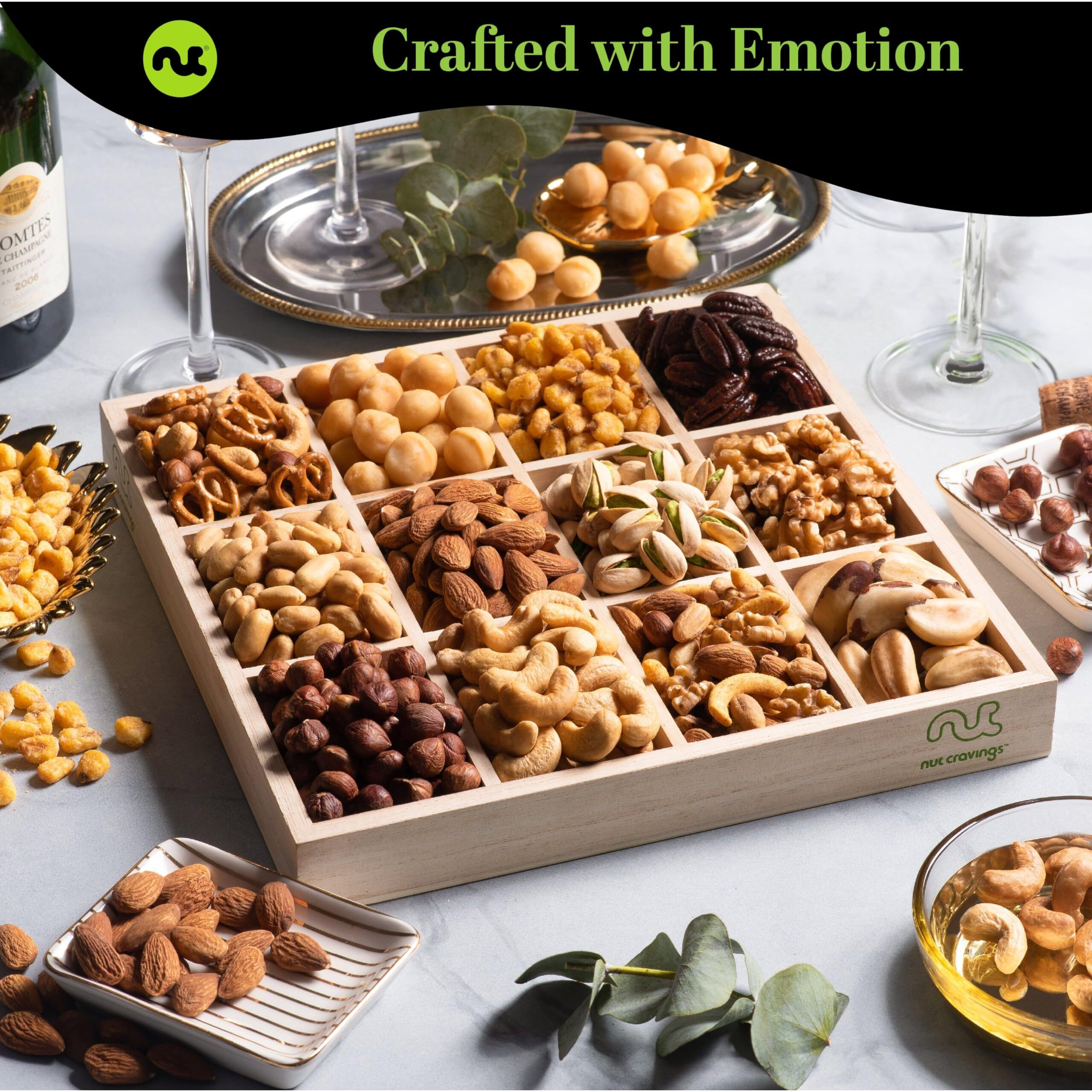 Nut Cravings Gourmet Collection - Rosh Hashana & Shana Tova Mixed Nuts Gift Basket In Reusable Wooden Tray + Heart Ribbon (12 Assortments) Arrangement Platter, Healthy Kosher Usa Made