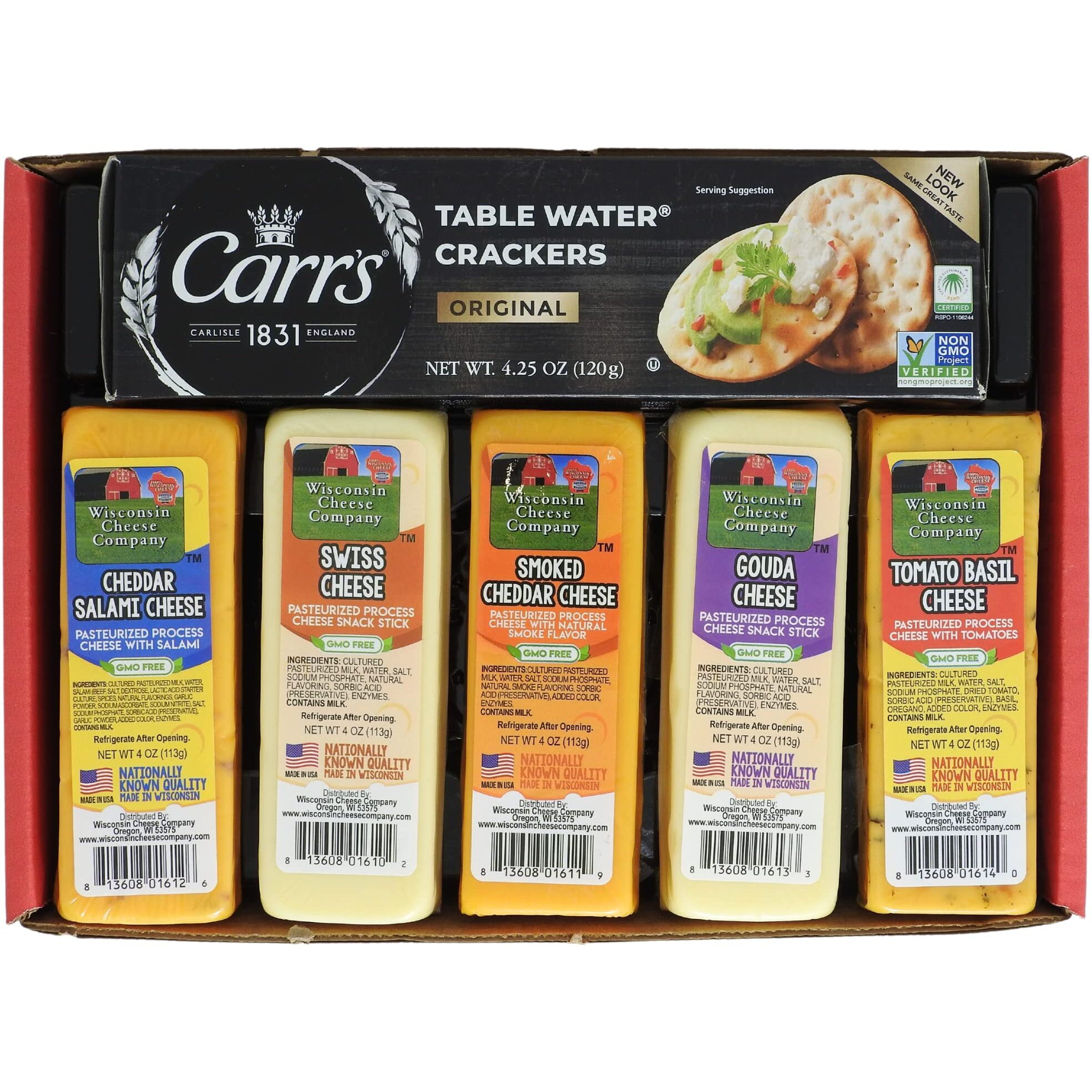 Wisconsin Cheese Company - Specialty 100% Wisconsin Cheese & Cracker Gift Basket. Gouda, Smoked Cheddar, Salami Cheddar, Tomato Basil Cheddar, Swiss Cheese (Pack Of 5 Blocks).