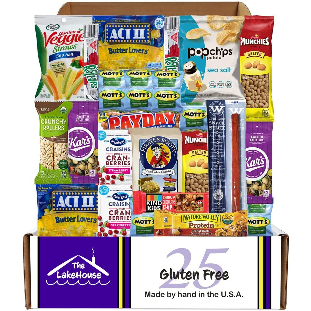 Lakehouse 25 Gluten Free Snacks - Quality Celiac-Friendly Healthy Snacks Variety Pack For Kids Adults - Gluten Free Snack Box - College Care Package Gift Basket - Snack Boxes For Kids