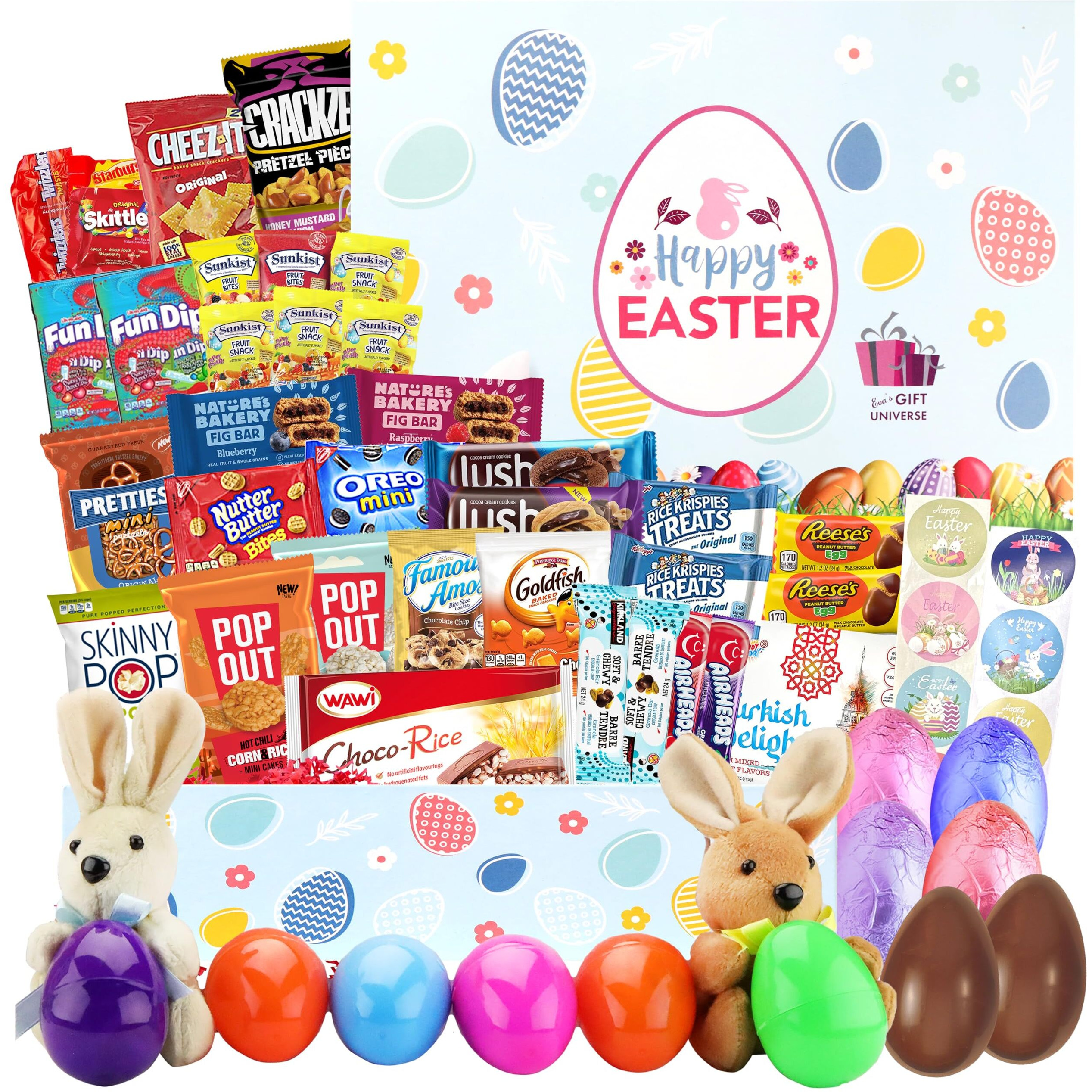 Blue Ribbon, Easter Gift Basket (82 Count) Care Package With Two Plush Bunny Treats Snacks Cookies Candy Toys Gift Box For Kids Friends Children Family Boys Girls