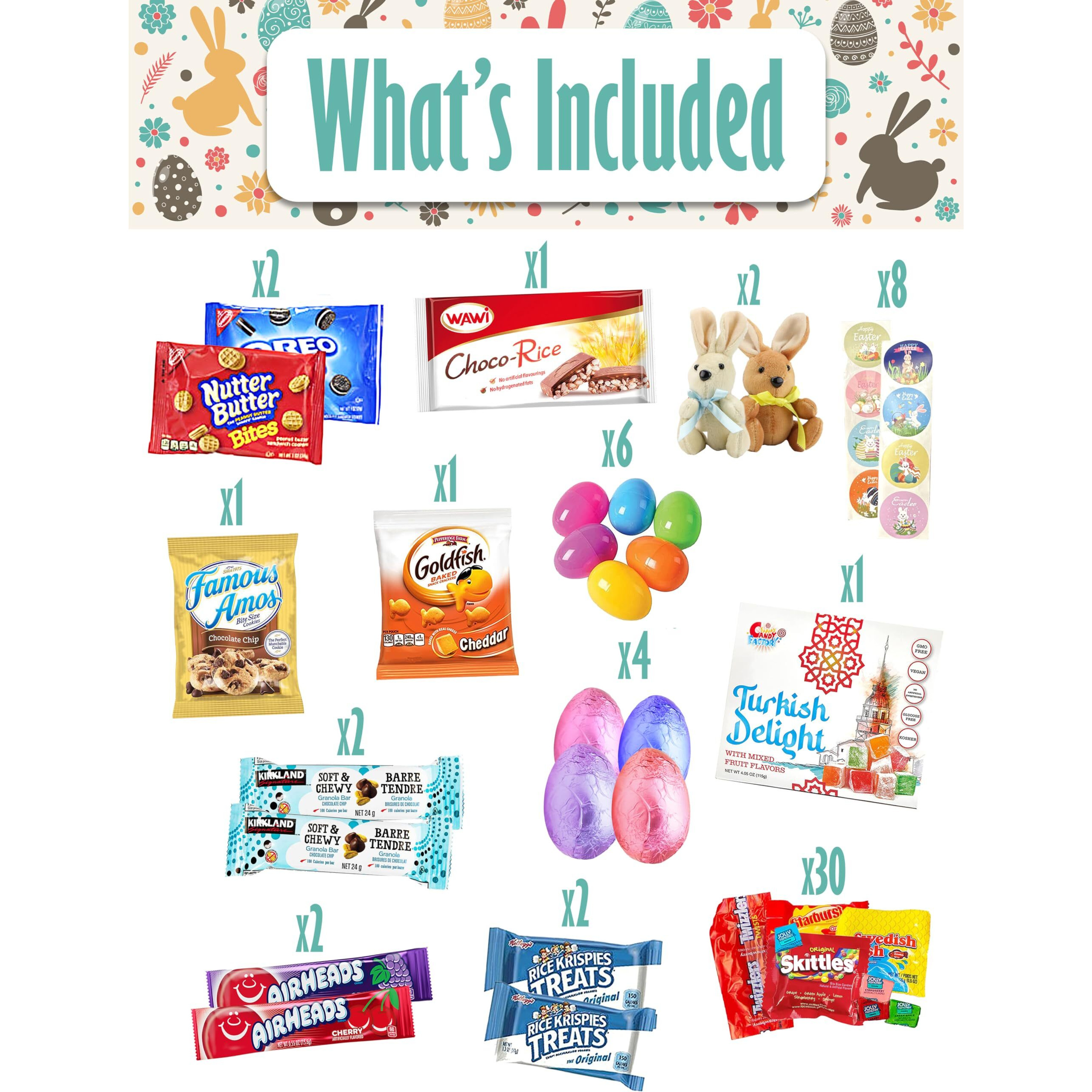 Blue Ribbon, Easter Gift Basket (82 Count) Care Package With Two Plush Bunny Treats Snacks Cookies Candy Toys Gift Box For Kids Friends Children Family Boys Girls