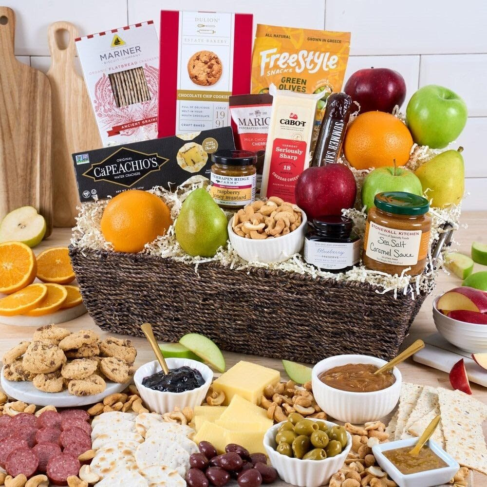 Sympathy Gift Fruit Basket Of Fresh Fruits, Cheese, Meat, Chocolate, Crackers, Olives And Cookies By Gourmetgiftbaskets.Com