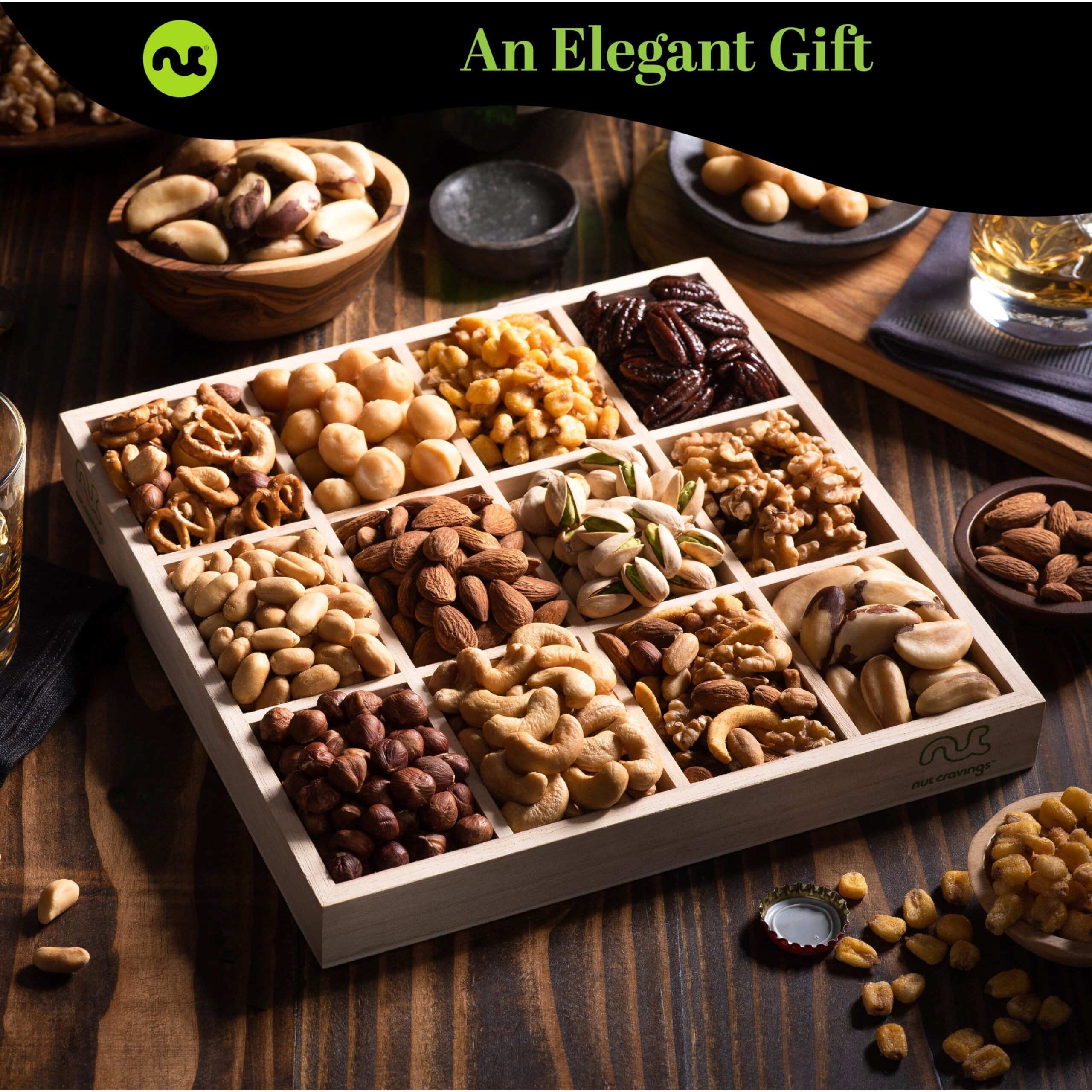 Nut Cravings Gourmet Collection Congratulations Nuts Gift Basket With Congrats Ribbon + Greeting Card In Reusable Wooden Tray (12 Assortments) Food Platter Care Package Kosher