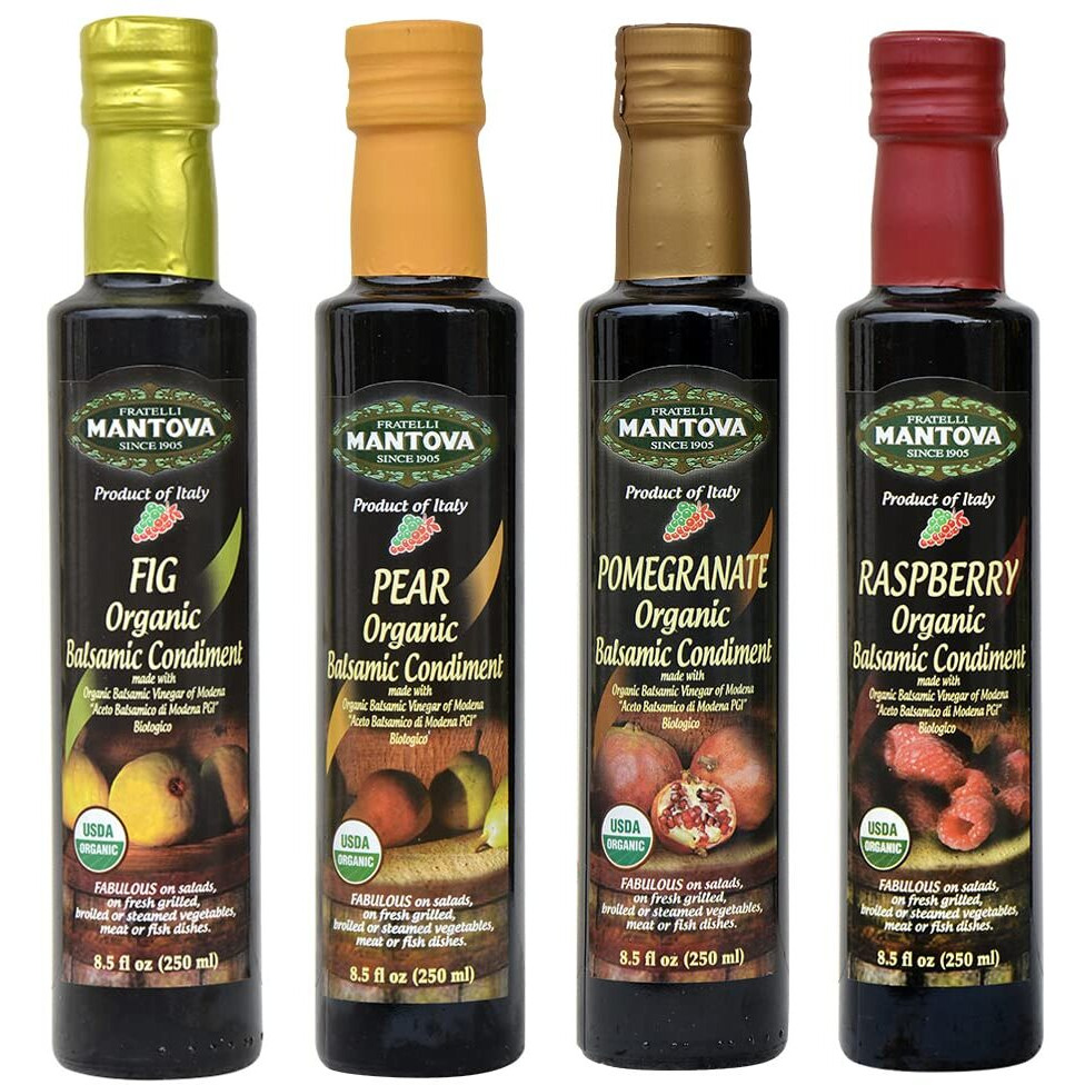 Mantova Organic Flavored Balsamic Vinegar Of Modena 4-Variety Pack Fig, Pear, Pomegranate, & Raspberry Perfect For Gift Basket, Add To Pasta, Salad, Ice Cream And Cocktails, 8.5 Oz Per Bottle