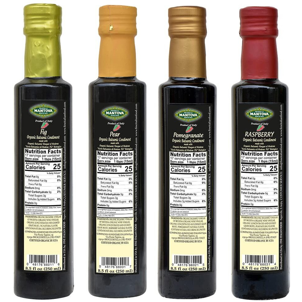 Mantova Organic Flavored Balsamic Vinegar Of Modena 4-Variety Pack Fig, Pear, Pomegranate, & Raspberry Perfect For Gift Basket, Add To Pasta, Salad, Ice Cream And Cocktails, 8.5 Oz Per Bottle