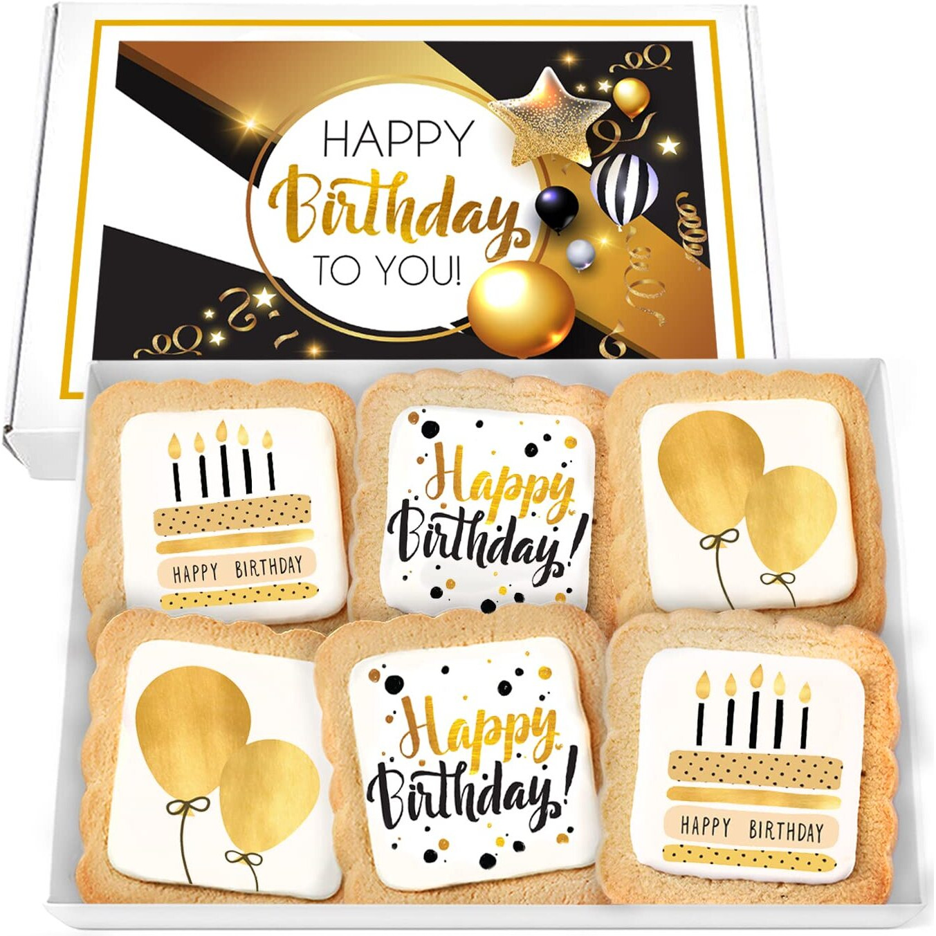Happy Birthday Cookies 6 Pack Gift Basket Gold For Men Women Kids | Gourmet Decorated Sugar Cookie Gift Box | Individually Wrapped Nut-Free