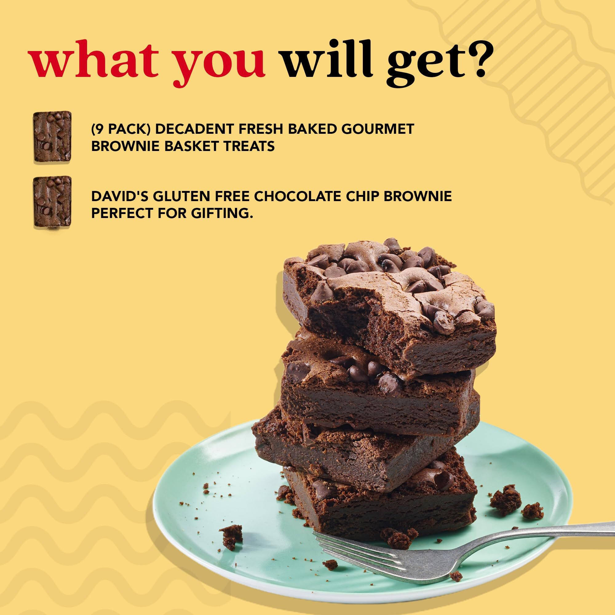 Davids Cookies Gluten-Free Chocolate Chip Brownies 9 Pack - Decadent Fresh Baked Gourmet Brownie Basket Treats - Great For Sharing And Gifting - Ideal Gourmet Food Gift, Healthy Snacks For Everyone