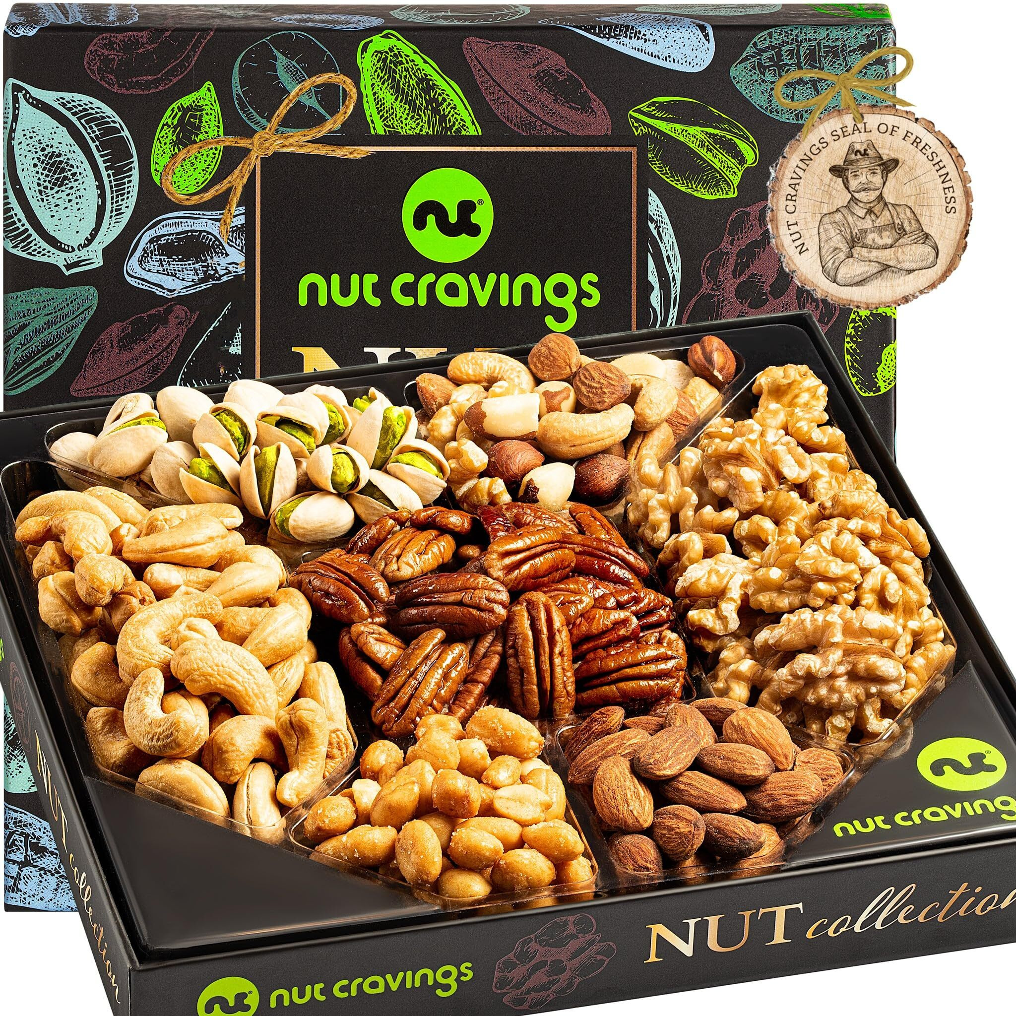 Nut Cravings Gourmet Collection - Rosh Hashana & Shana Tova Nut Collection Gift Basket In Elegant Box (7 Assortments) Arrangement Platter, Birthday Care Package - Healthy Kosher Usa Made
