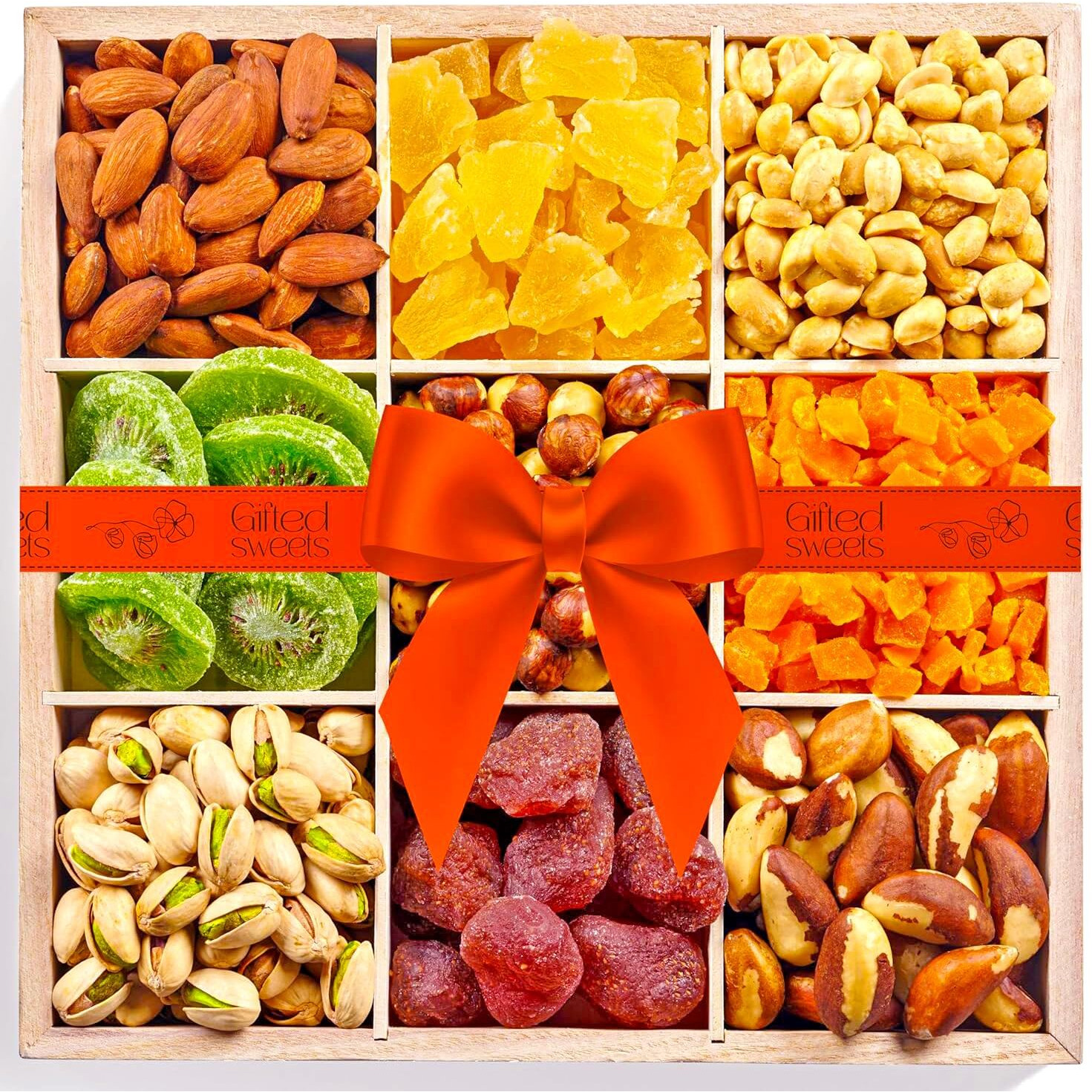 Nuts And Dried Fruit Platter - 9 Variety - Extra Large Natural - Classy Nuts And Fruit Gift Basket - Valentine's Healthy Gift Tray - Gourmet Gift Basket With A Reusable Wooden Tray