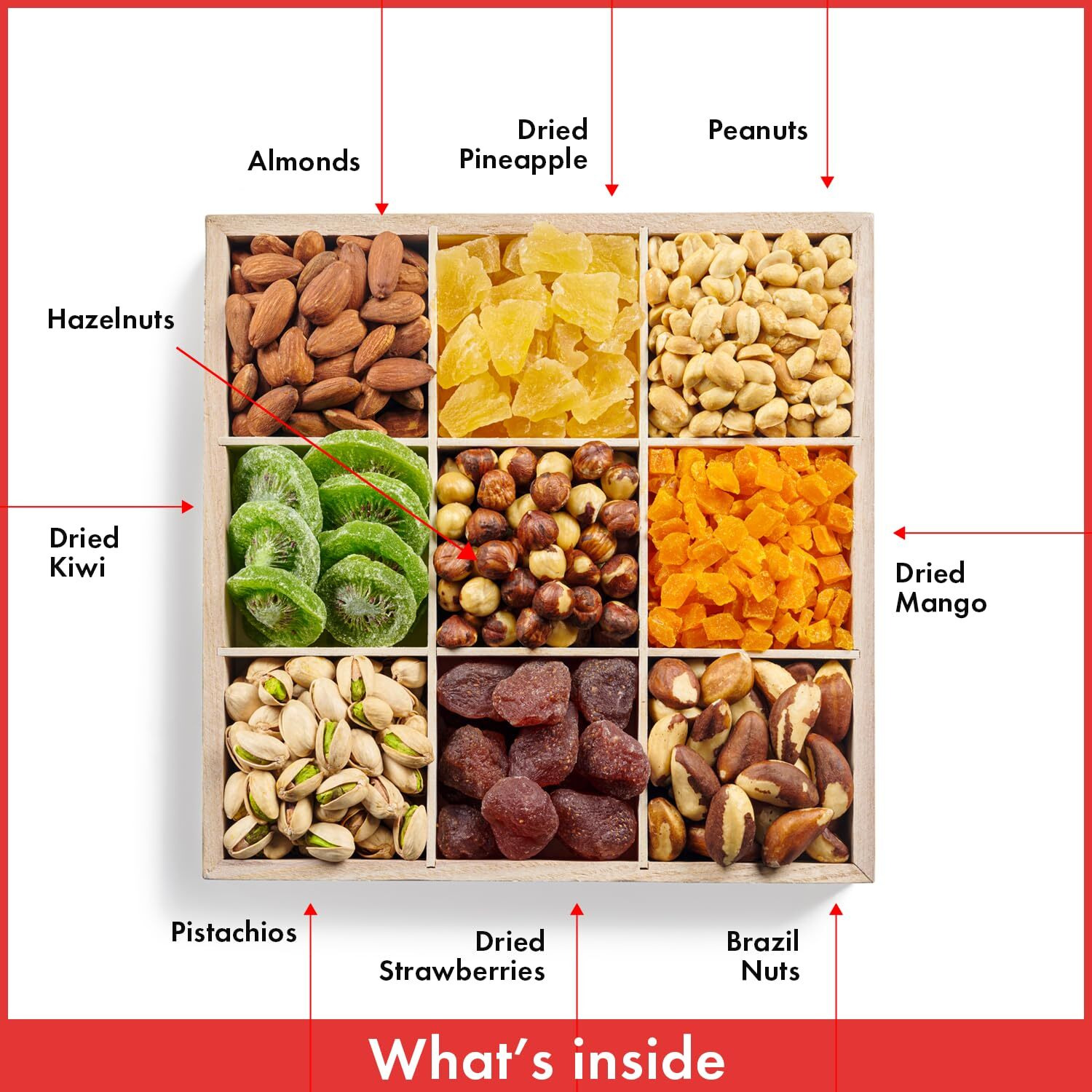 Nuts And Dried Fruit Platter - 9 Variety - Extra Large Natural - Classy Nuts And Fruit Gift Basket - Valentine's Healthy Gift Tray - Gourmet Gift Basket With A Reusable Wooden Tray