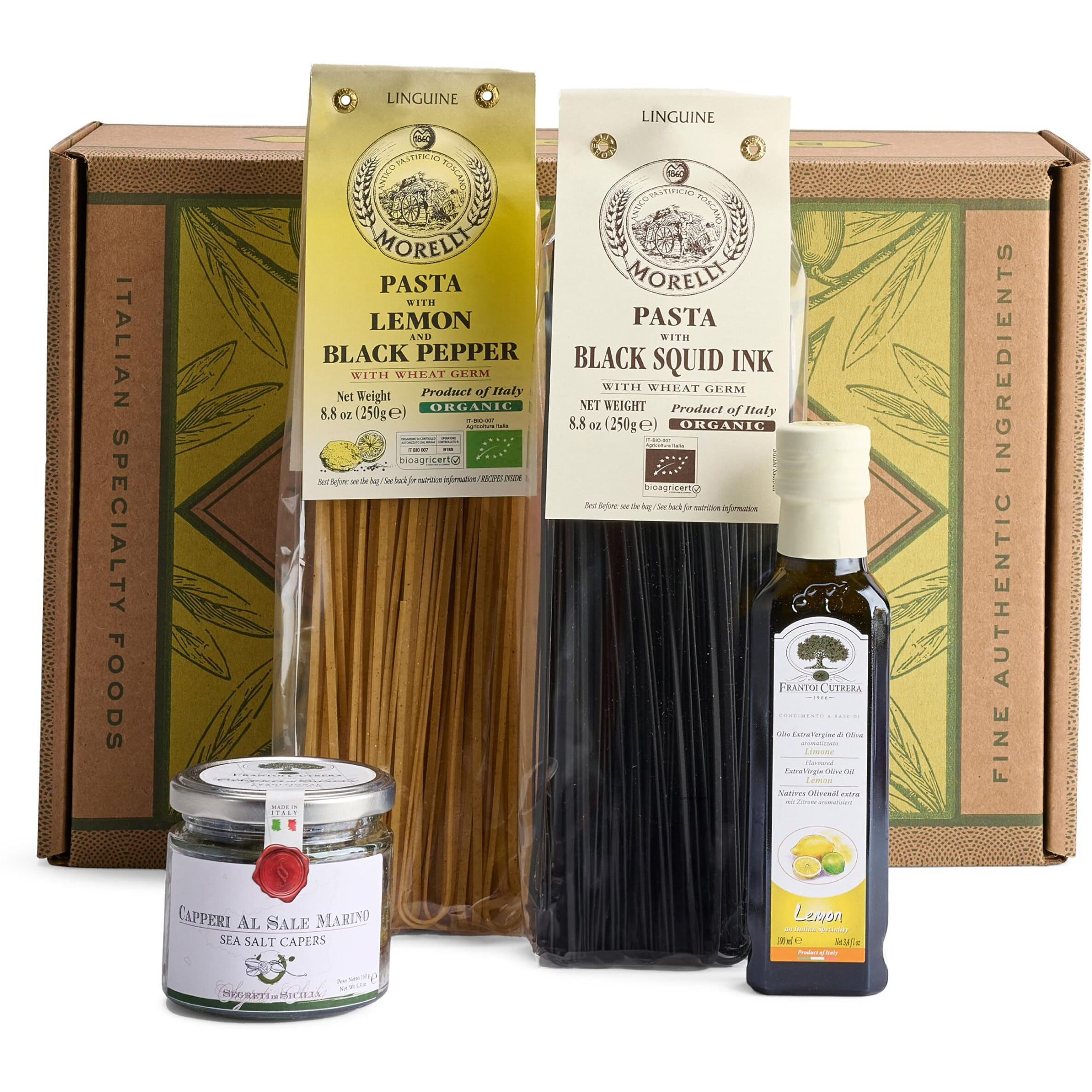 Bellina 4 Piece Italian Gift Basket With Organic Squid Ink Pasta, Organic Lemon Pepper Pasta, Lemon Extra Virgin Olive Oil, & Sea Salt Capers - Gourmet Pasta Gift Basket For Women & Men, Italian Pasta From Italy