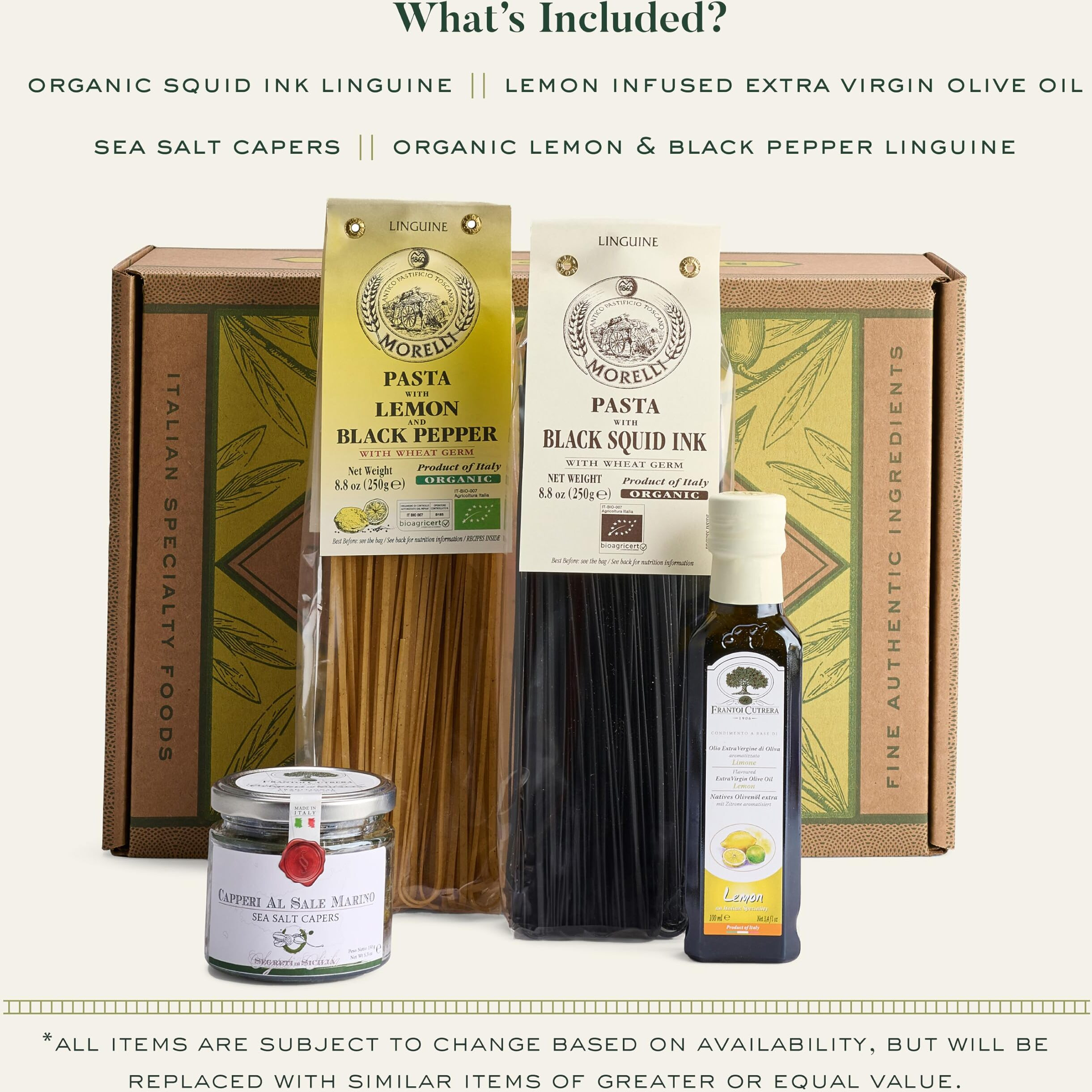 Bellina 4 Piece Italian Gift Basket With Organic Squid Ink Pasta, Organic Lemon Pepper Pasta, Lemon Extra Virgin Olive Oil, & Sea Salt Capers - Gourmet Pasta Gift Basket For Women & Men, Italian Pasta From Italy