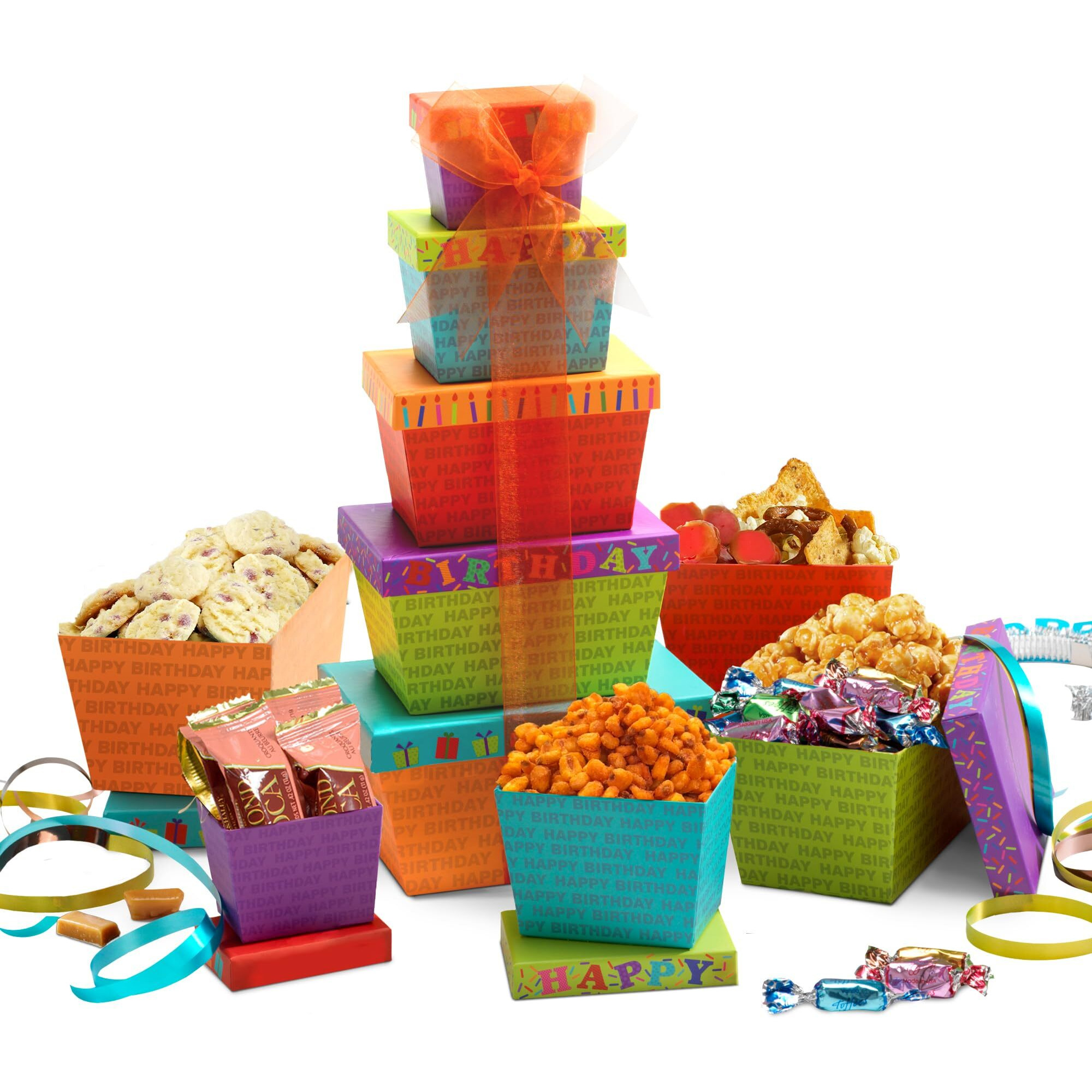 Broadway Basketeers Food Chocolate Gift Basket Tower For Birthdays - Curated Snack Box, Sweet And Savory Treats For Parties, Best Wishes, Birthday Presents For Women, Men, Mom, Dad, Her, Him, Families