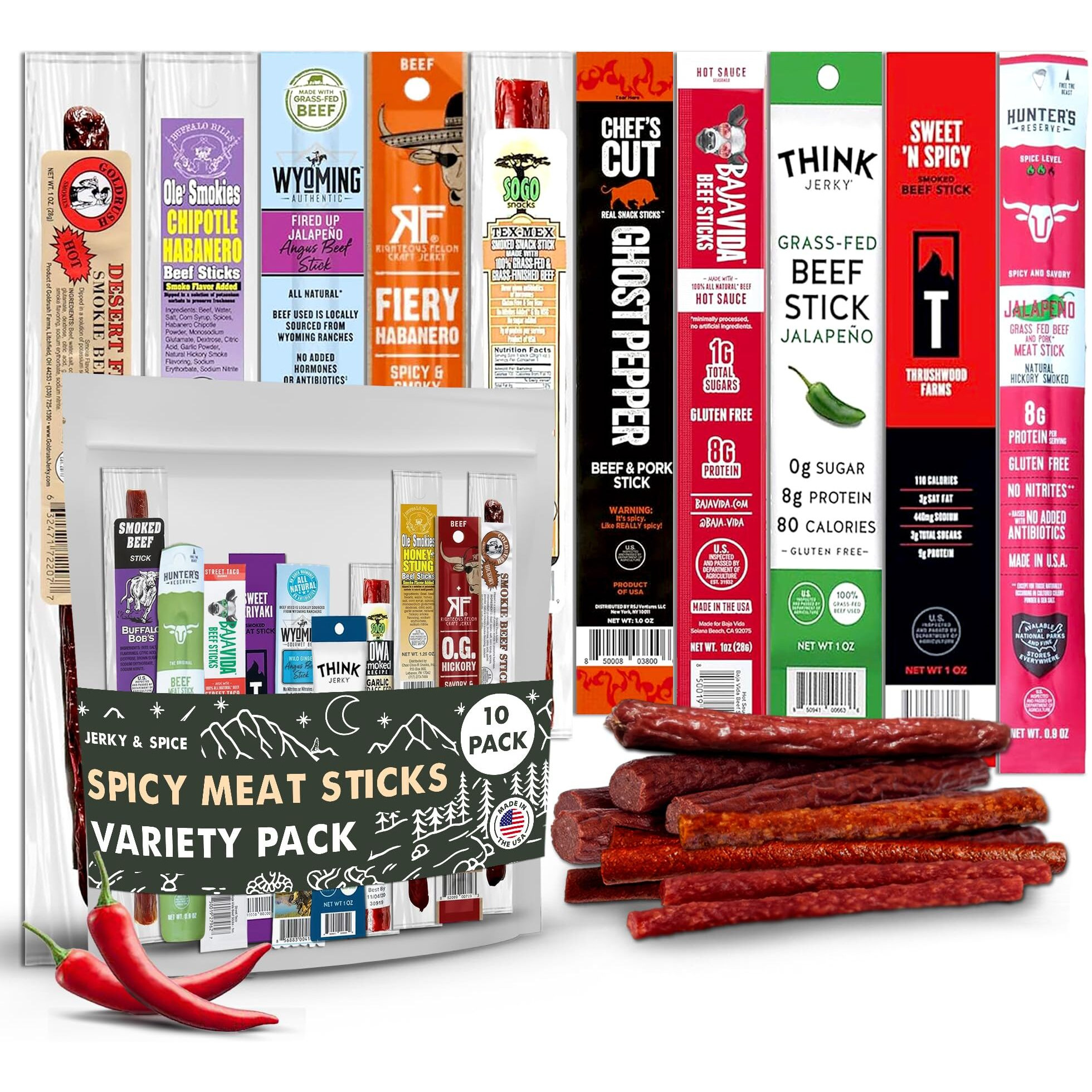 Spicy Meat Sticks Variety Pack (10 Count), Spicy Beef Jerky Gifts For Men, Hot Beef Jerky Gift Basket, Chili Stick High Protein Snacks, Beef Spicy Sticks, Assorted Spicy Beef Sticks, Chili Stick