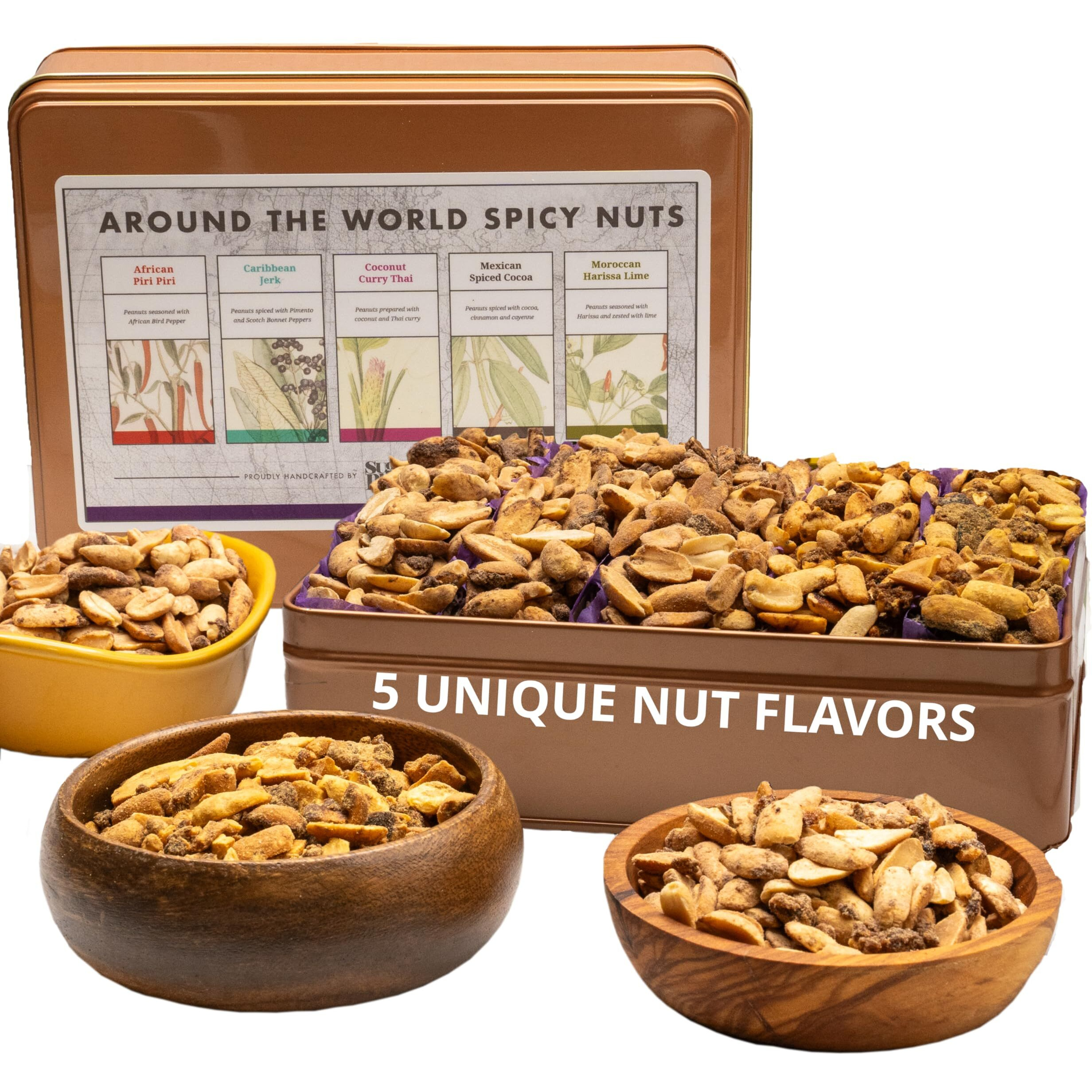 Nut Gift Basket In Unique Tin Box, Great Gift For Men, Women, Families, Spicy World Peanut Flavors From Africa, Caribbean, Thailand, Mexico, Morocco, Great Birthday Gift, Gift Basket For Men
