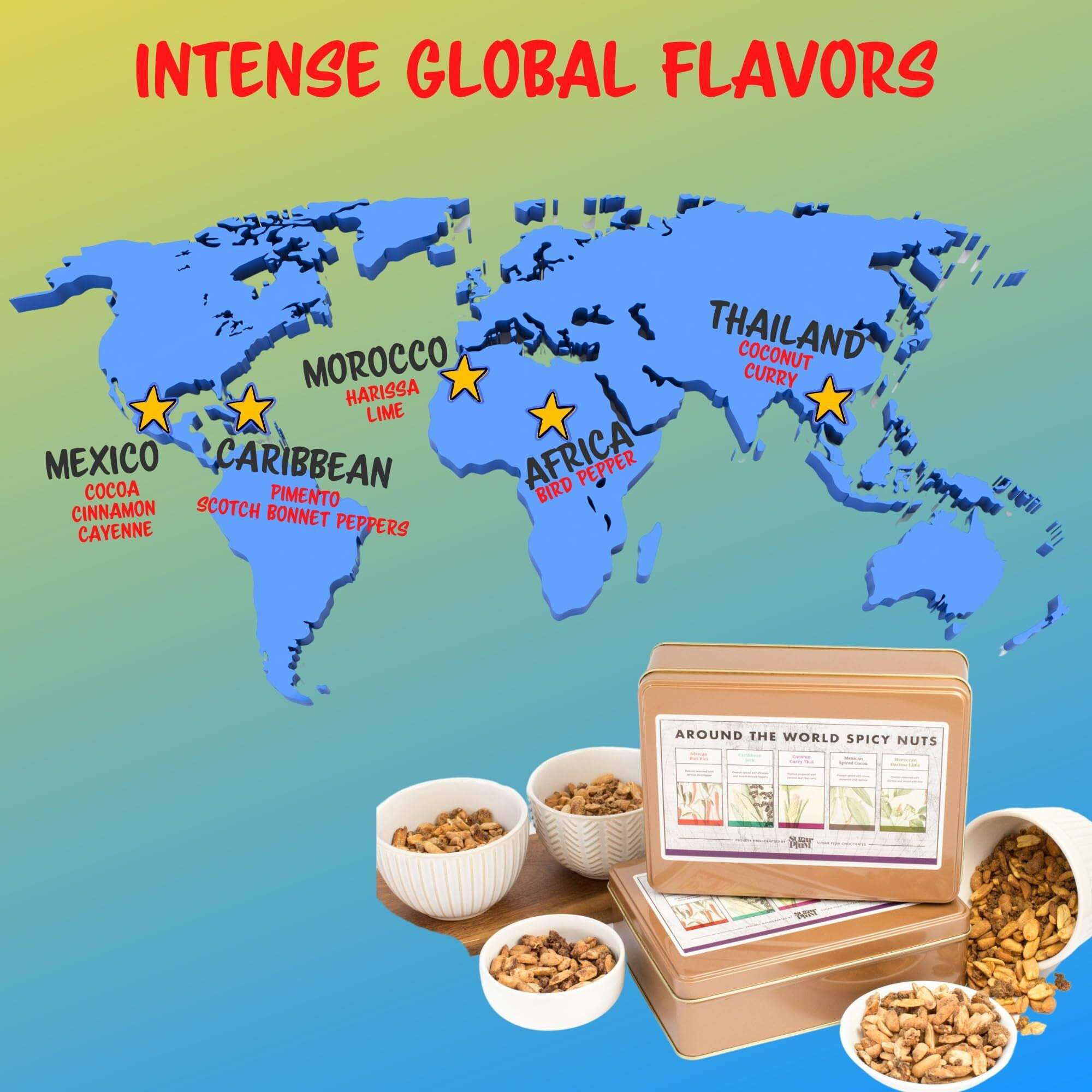 Nut Gift Basket In Unique Tin Box, Great Gift For Men, Women, Families, Spicy World Peanut Flavors From Africa, Caribbean, Thailand, Mexico, Morocco, Great Birthday Gift, Gift Basket For Men