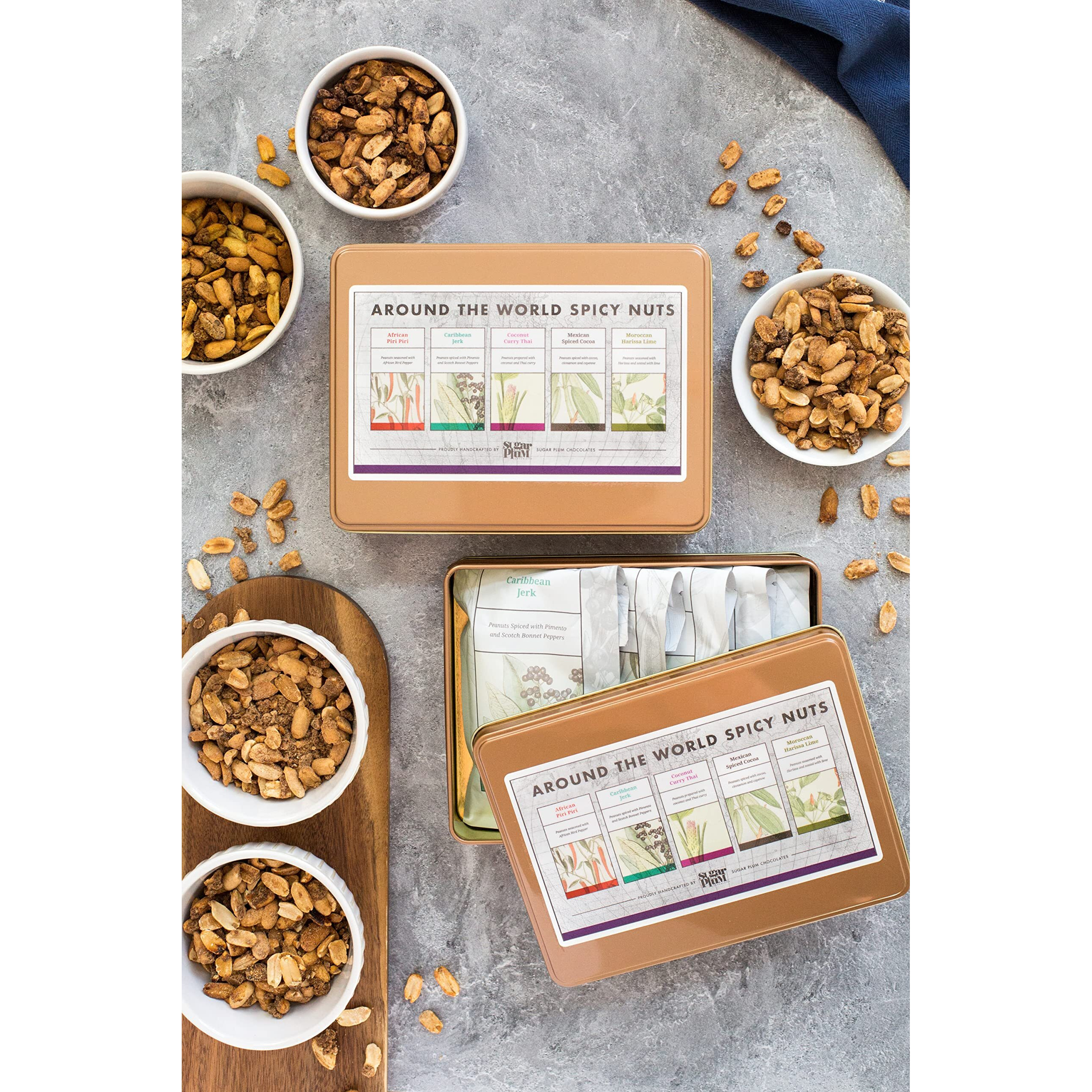 Nut Gift Basket In Unique Tin Box, Great Gift For Men, Women, Families, Spicy World Peanut Flavors From Africa, Caribbean, Thailand, Mexico, Morocco, Great Birthday Gift, Gift Basket For Men