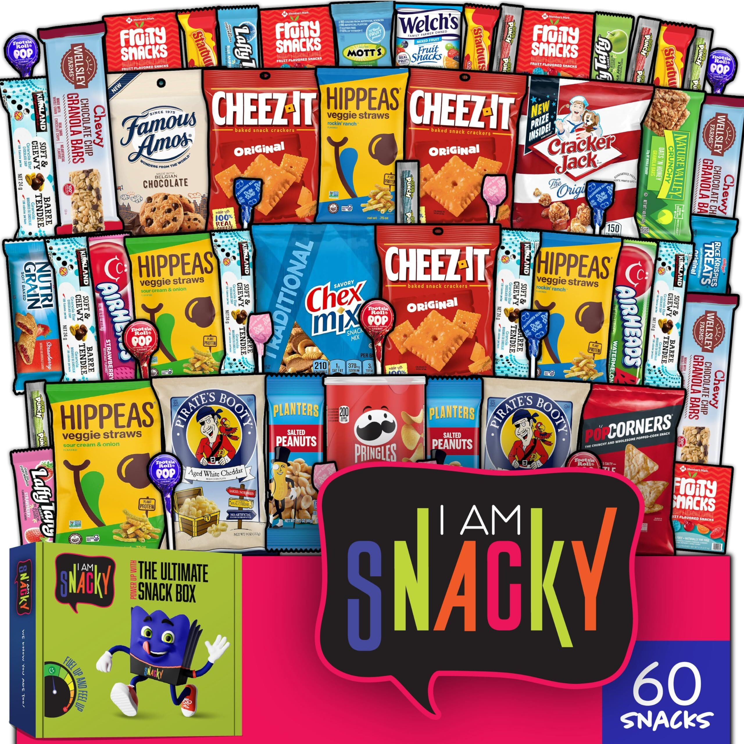I Am Snacky - Halloween Trick Or Treats Snack Box Care Package + Greeting Card - Snacky's Social Sampler (60 Count) Birthday Sweet Treats Gift Basket, Candies Chips, Food Assortments & Variety